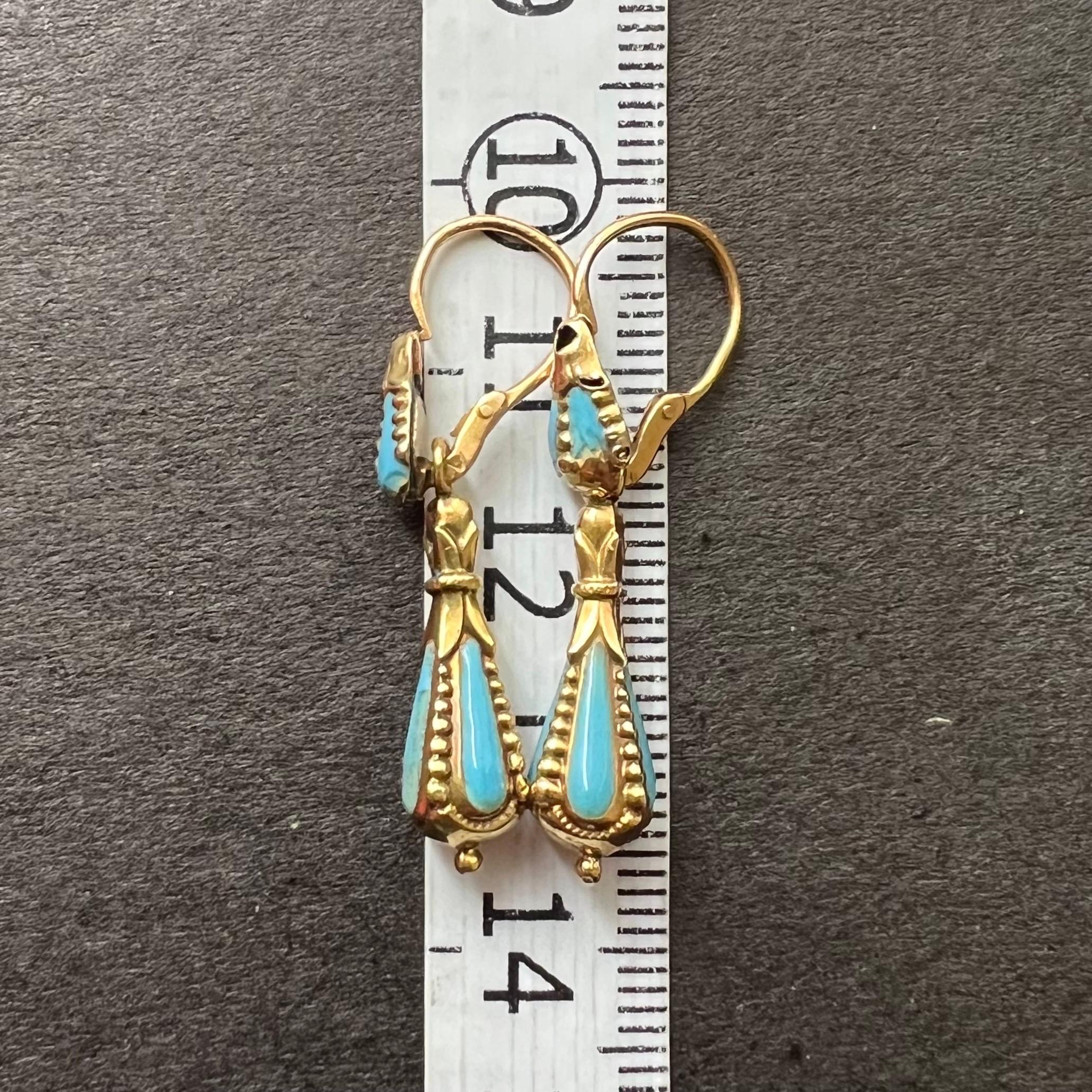 Antique Turquoise Enamel 14K Gold Day and Night Drop Earrings For Sale 5