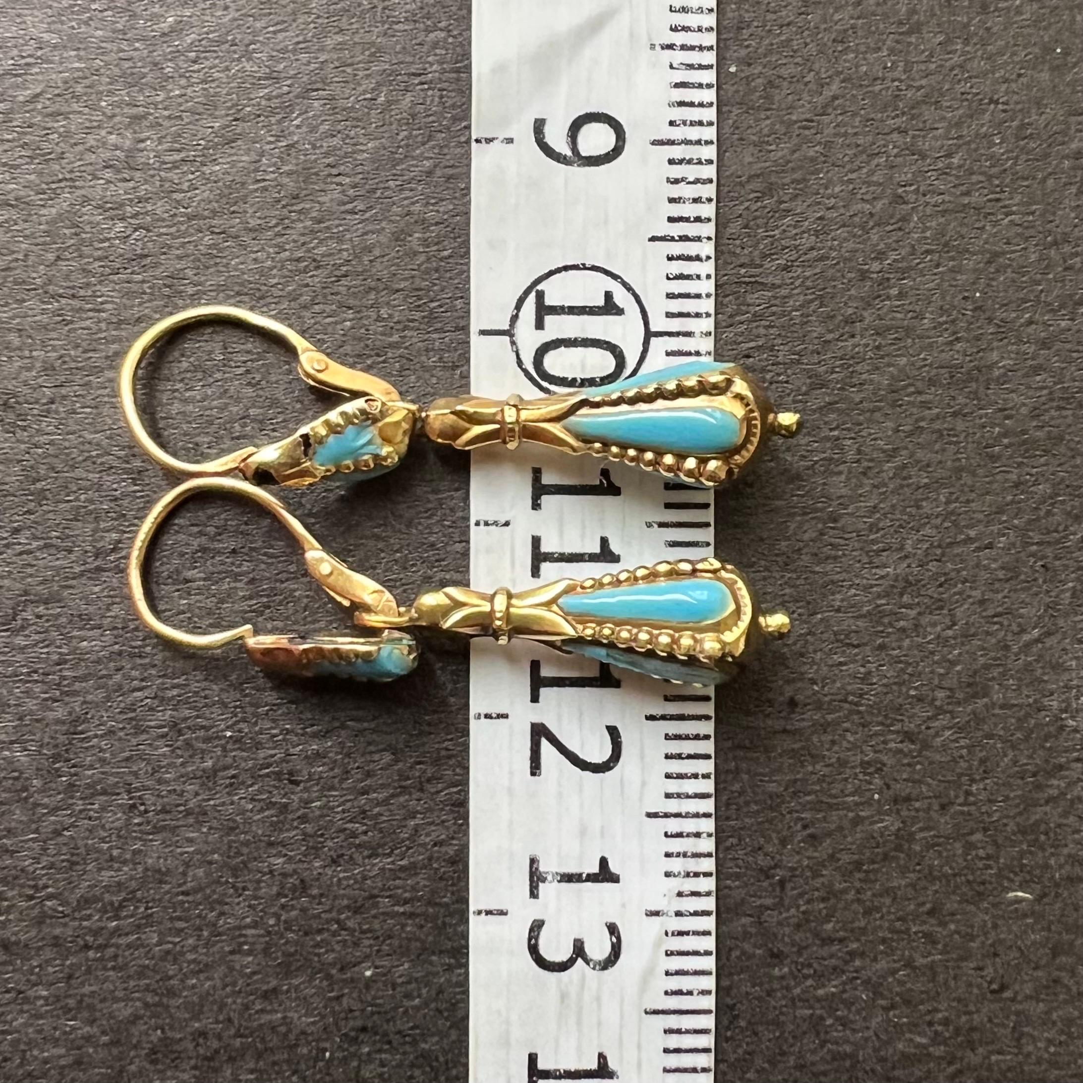 Antique Turquoise Enamel 14K Gold Day and Night Drop Earrings For Sale 6