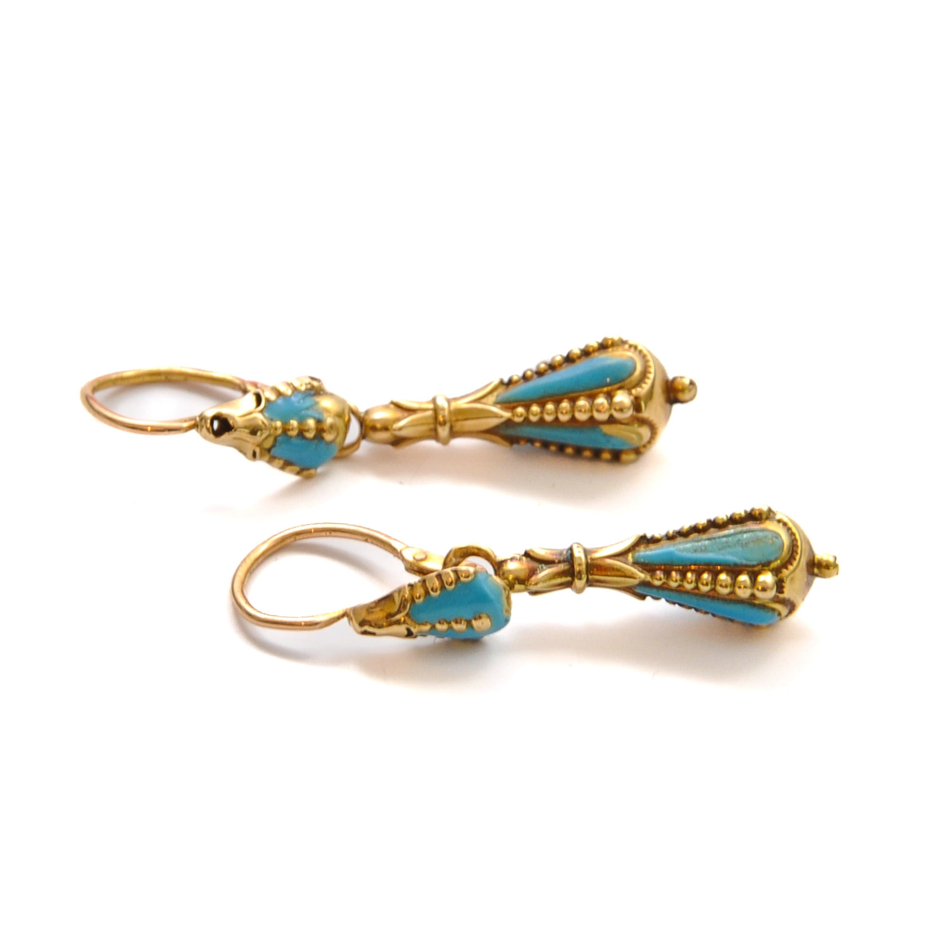 Victorian Antique Turquoise Enamel 14K Gold Day and Night Drop Earrings For Sale