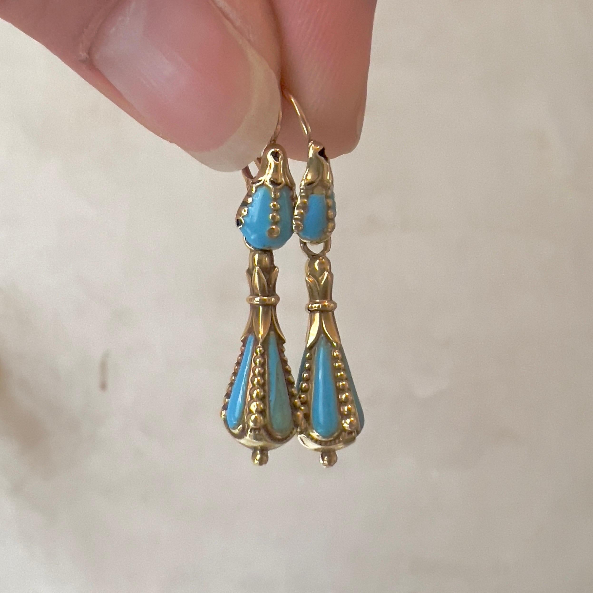 Antique Turquoise Enamel 14K Gold Day and Night Drop Earrings In Good Condition For Sale In Rotterdam, NL