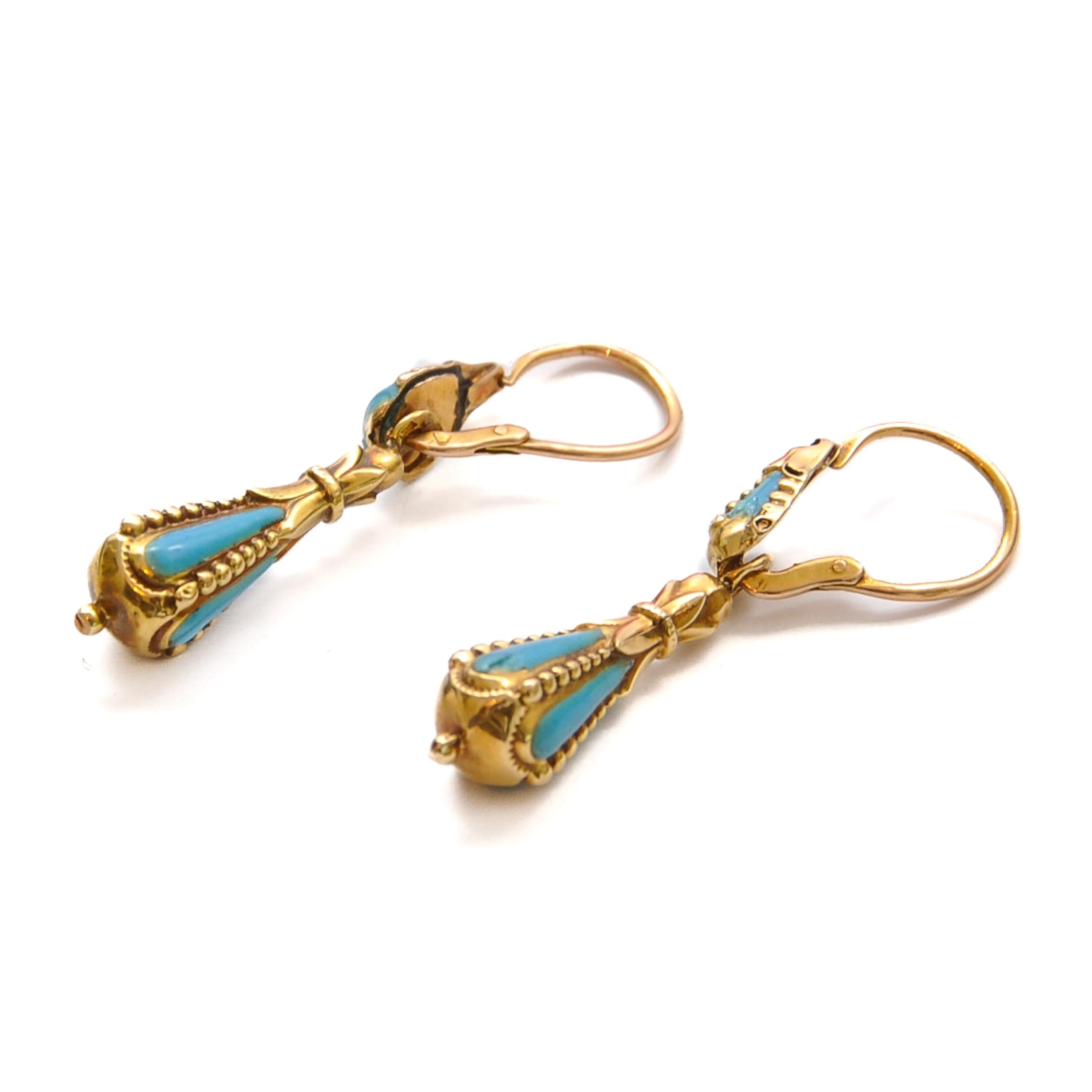 Women's Antique Turquoise Enamel 14K Gold Day and Night Drop Earrings For Sale