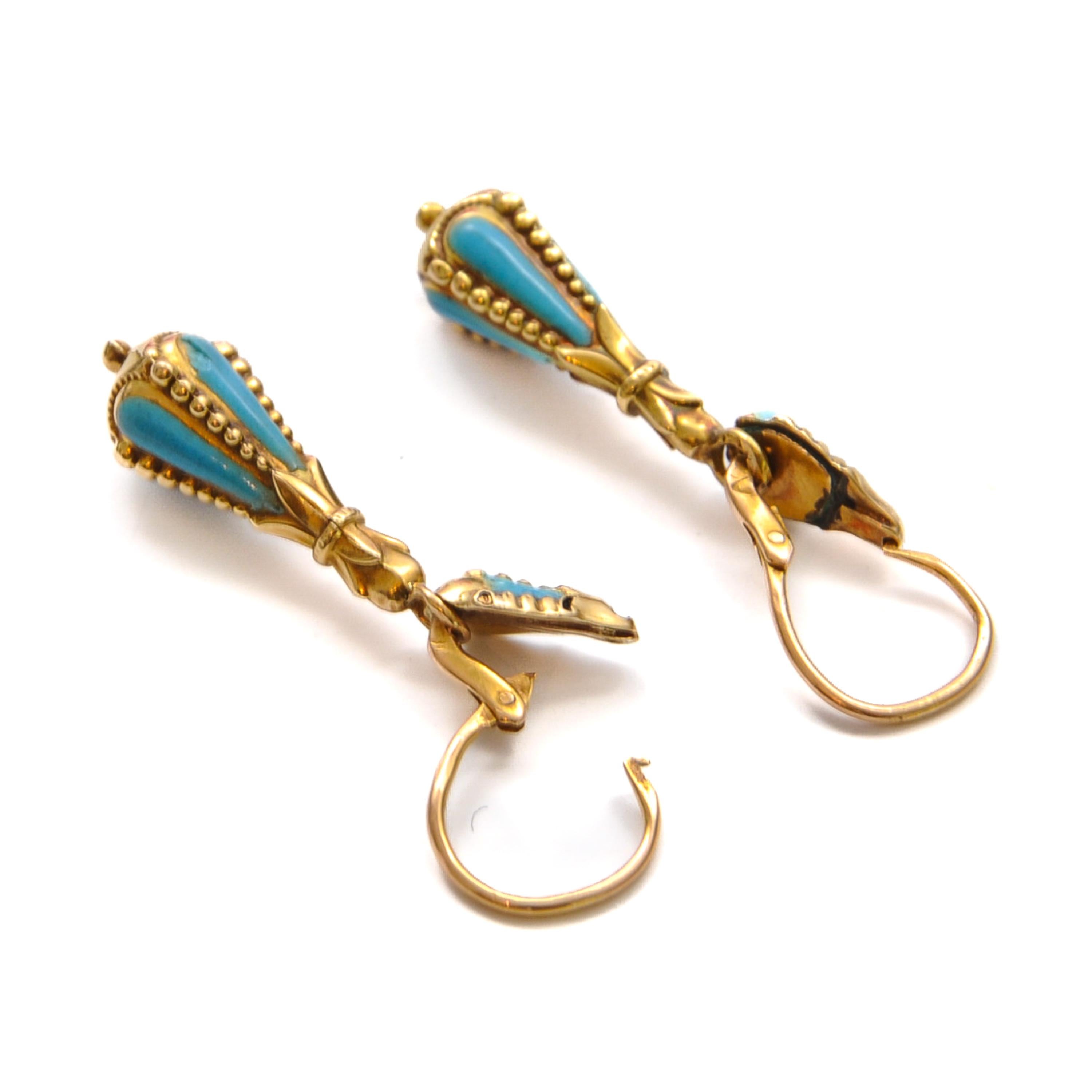 Antique Turquoise Enamel 14K Gold Day and Night Drop Earrings For Sale 1