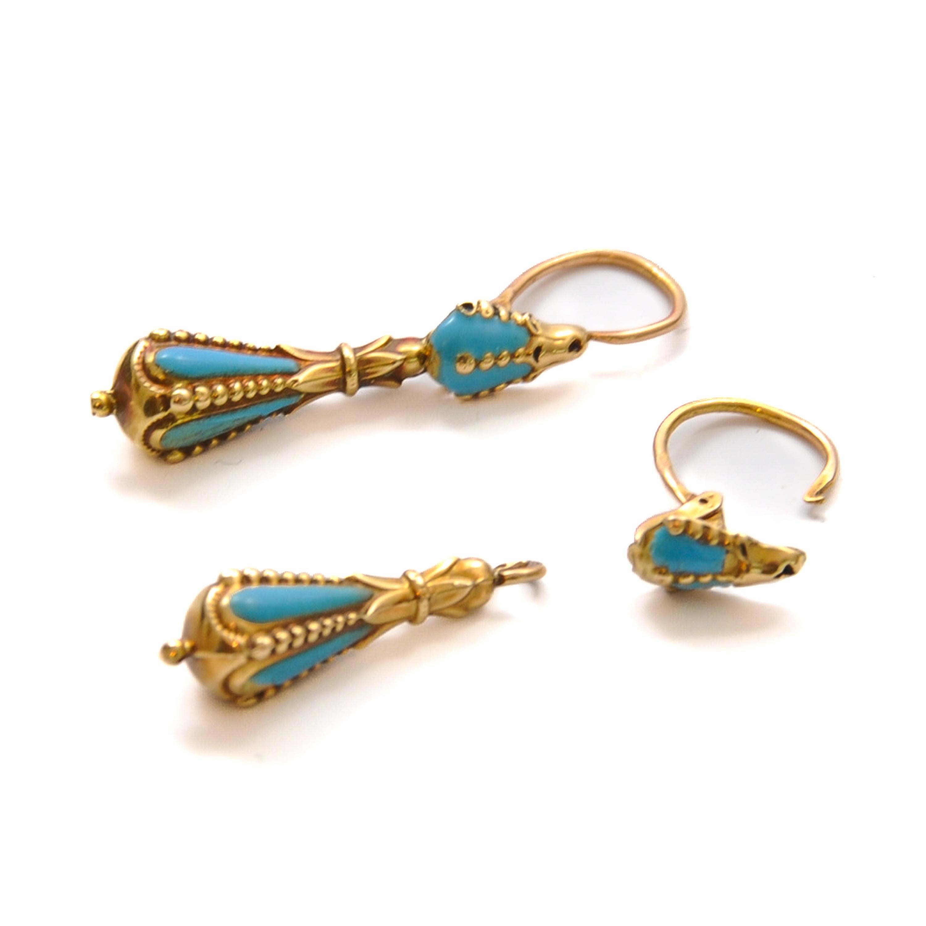 Antique Turquoise Enamel 14K Gold Day and Night Drop Earrings For Sale 2