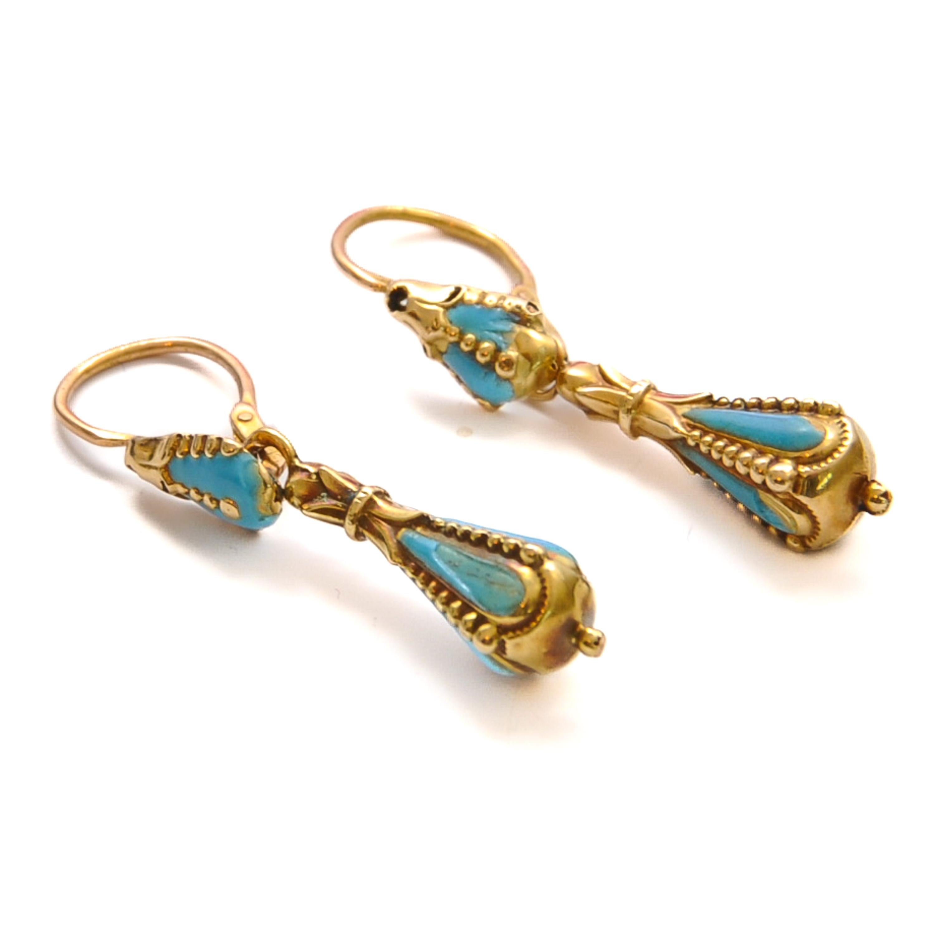 Antique Turquoise Enamel 14K Gold Day and Night Drop Earrings For Sale 3