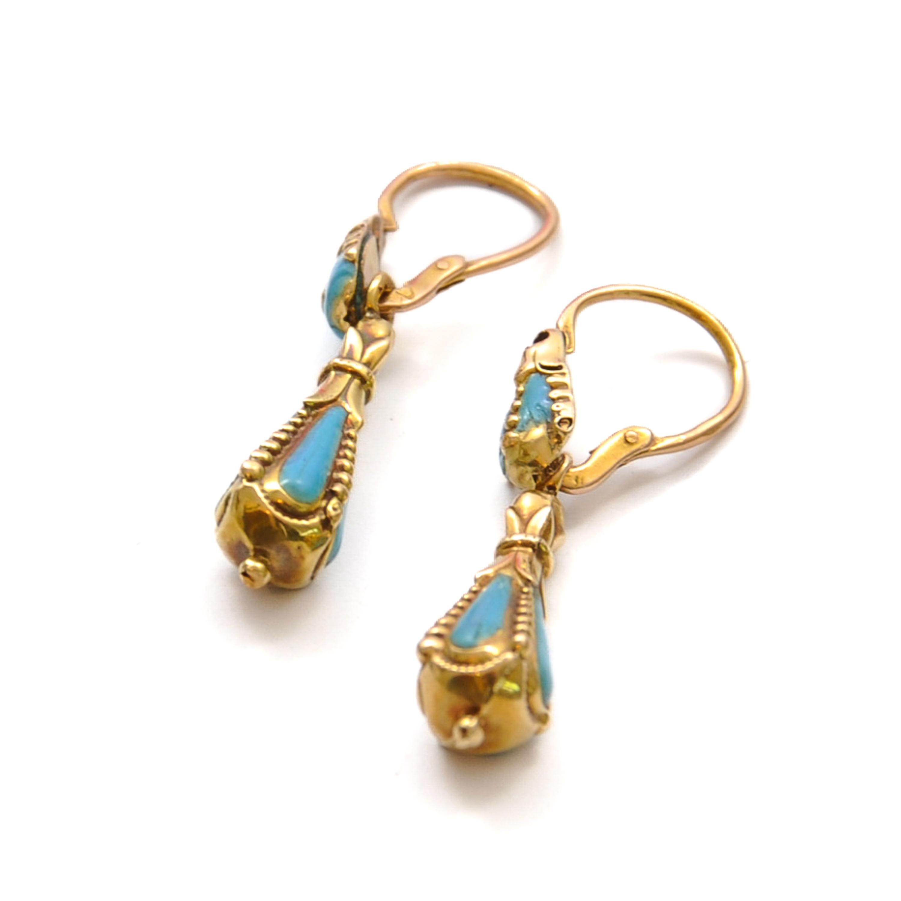 Antique Turquoise Enamel 14K Gold Day and Night Drop Earrings For Sale 4
