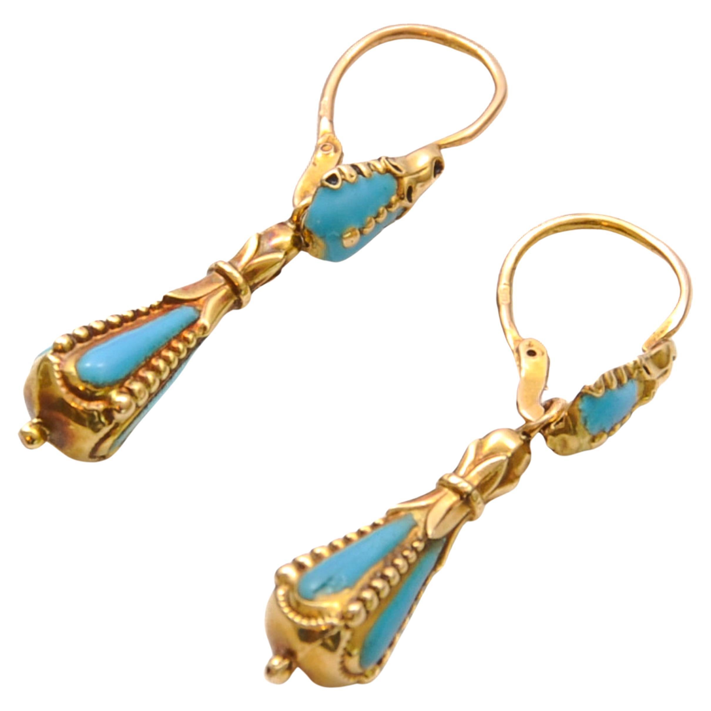 Antique Turquoise Enamel 14K Gold Day and Night Drop Earrings For Sale