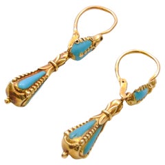 Antique Turquoise Enamel 14K Gold Day and Night Drop Earrings