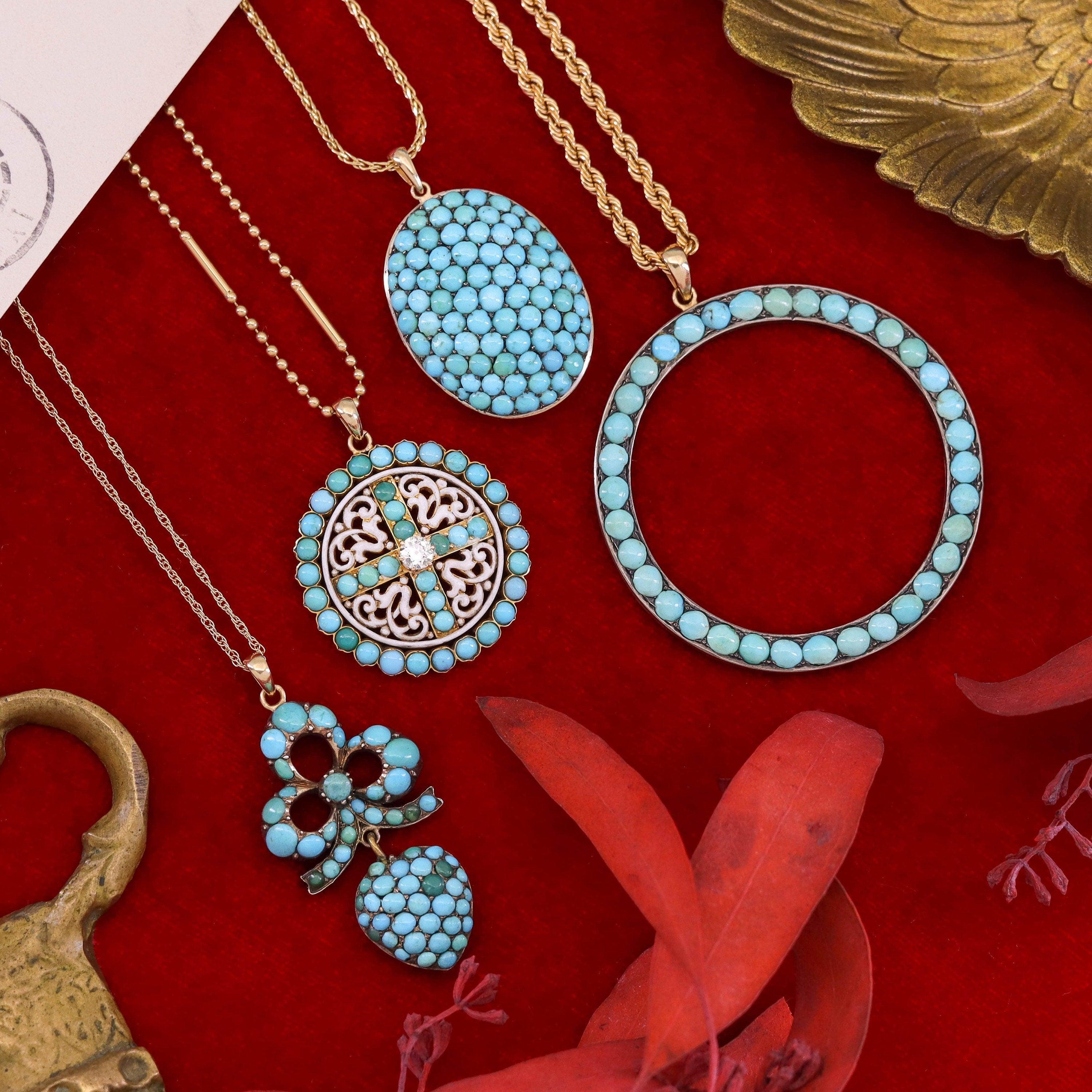 Collier ancien en or 14k avec turquoise, émail et diamants Pour femmes en vente