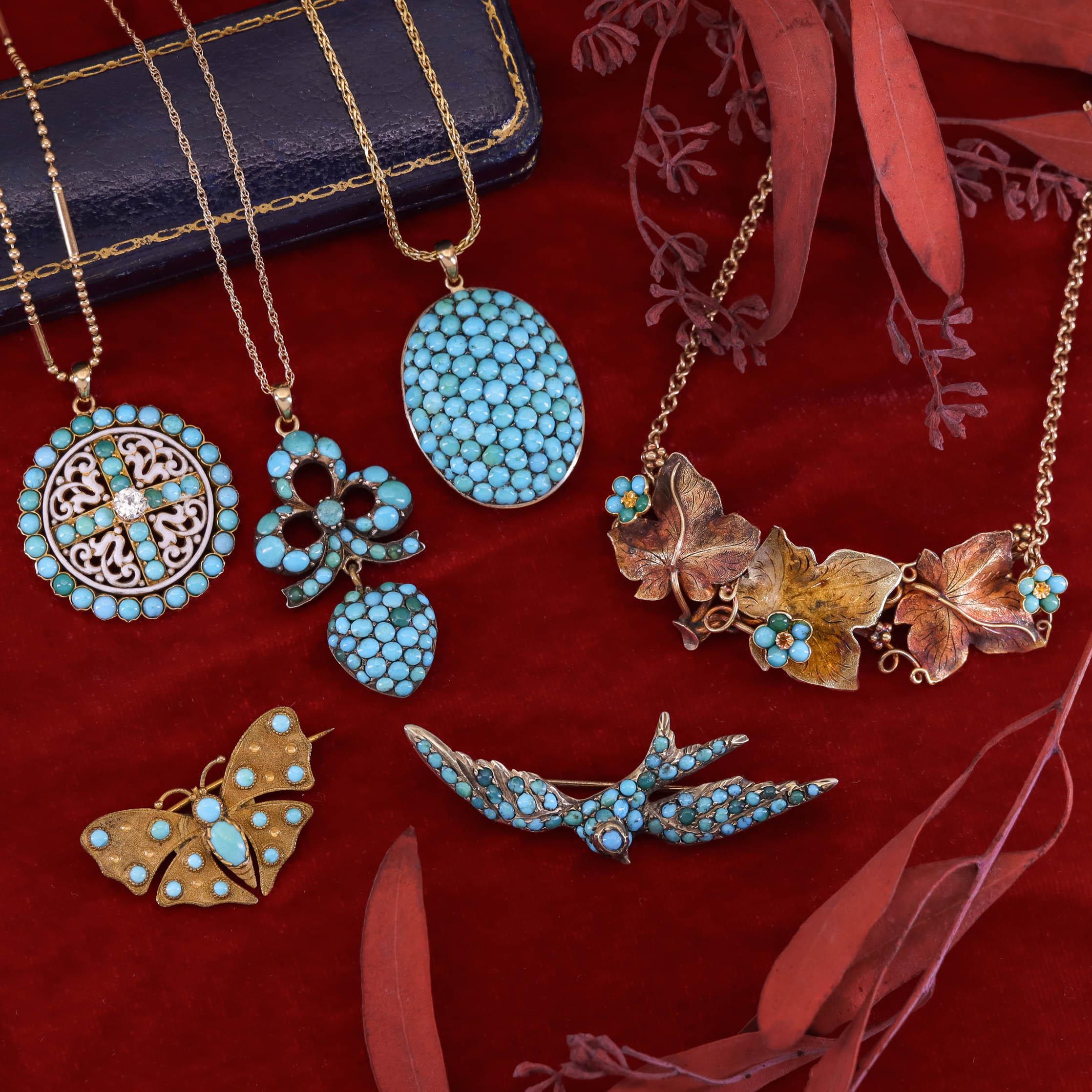 Antike Türkis-Emaille- und Diamant-Halskette aus 14 Karat Gold im Angebot 2