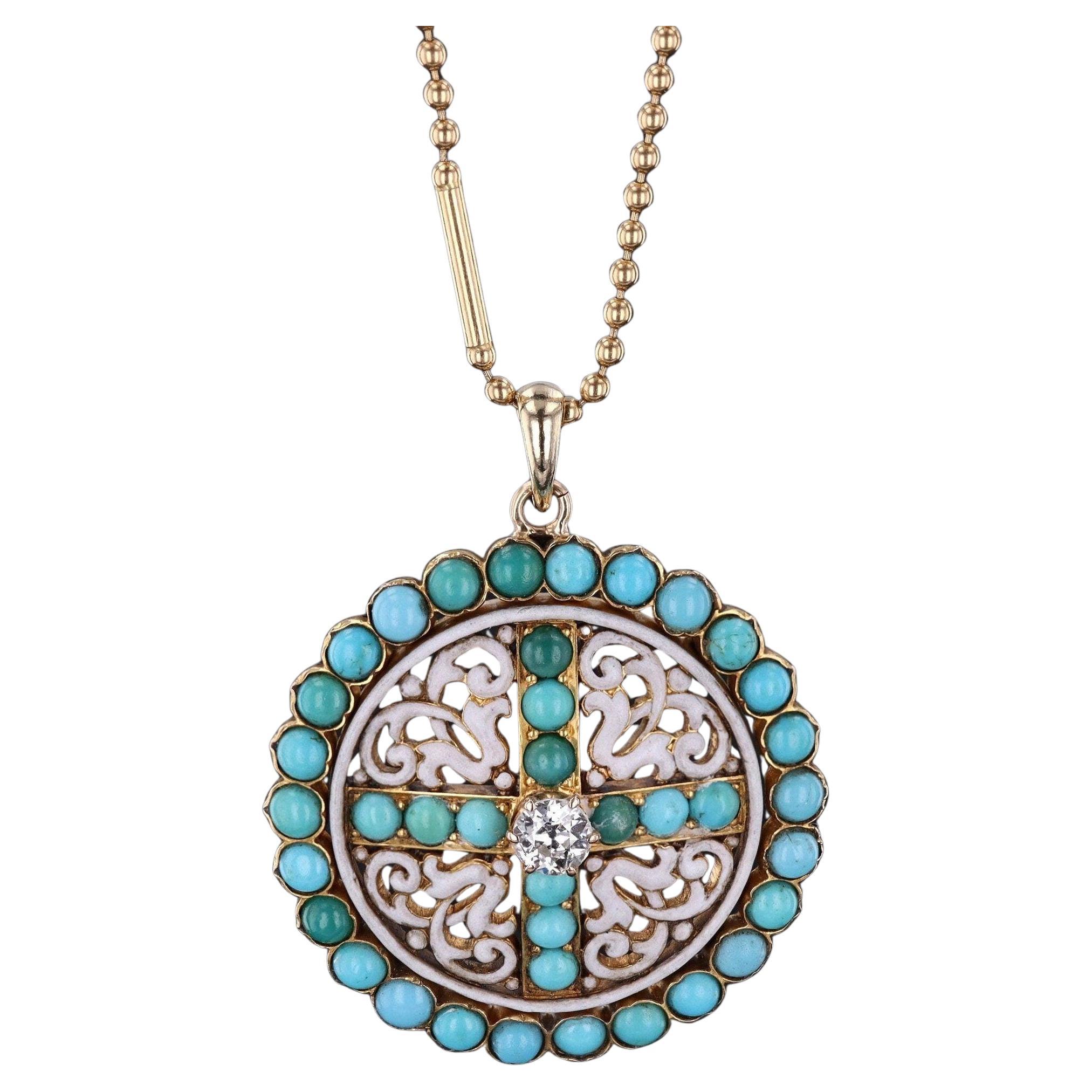 Antique Turquoise Enamel and Diamond Necklace of 14k Gold