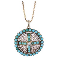 Antique Turquoise Enamel and Diamond Necklace of 14k Gold