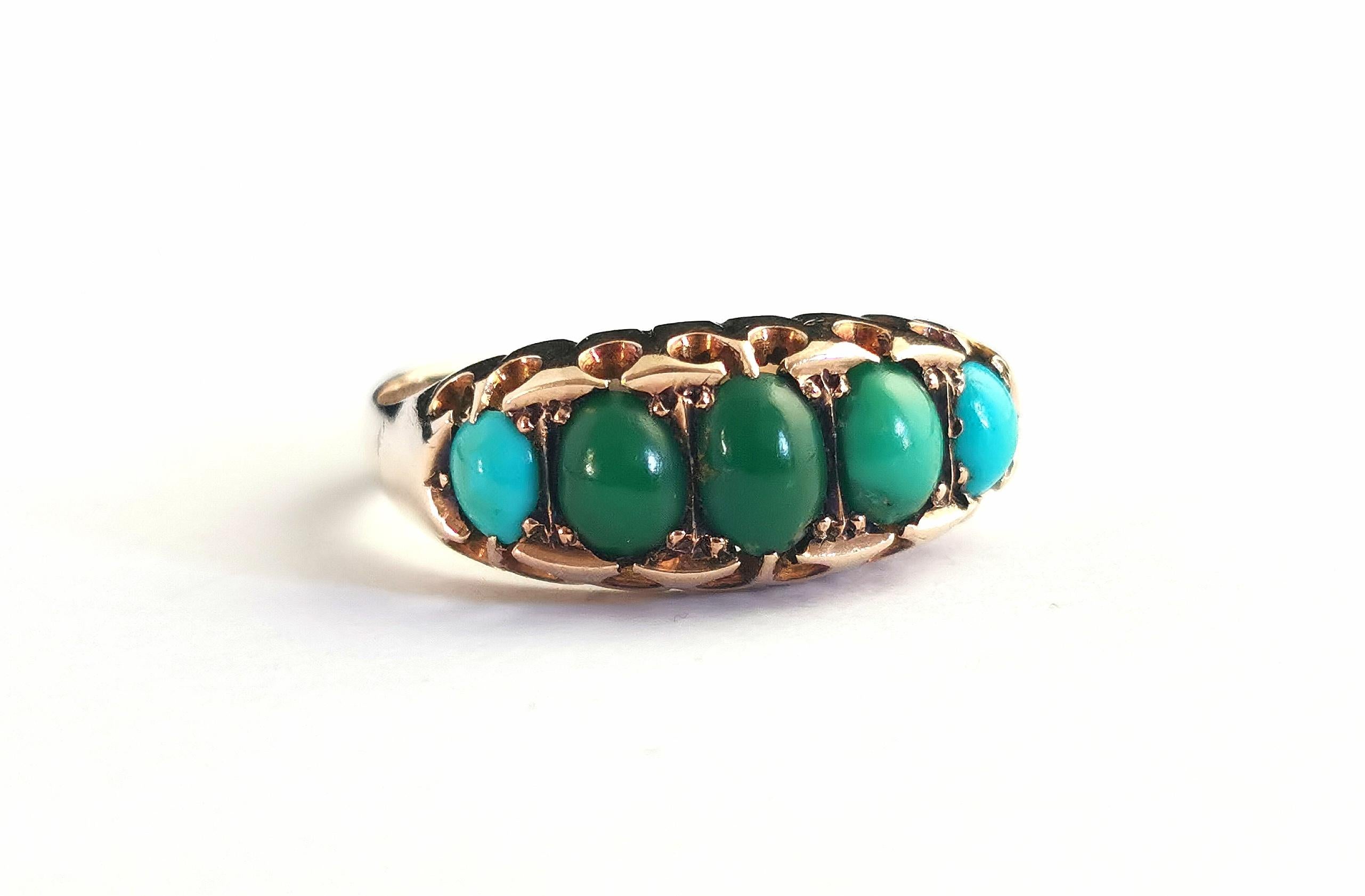 Antique Turquoise Five Stone Ring, 9k Rose Gold For Sale 7