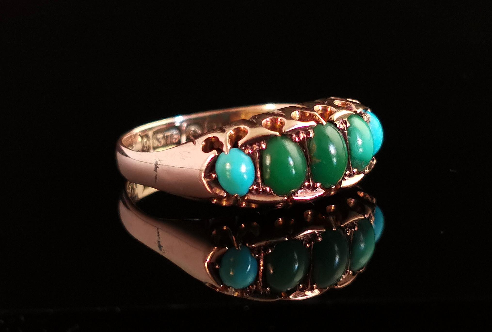 Edwardian Antique Turquoise Five Stone Ring, 9k Rose Gold For Sale