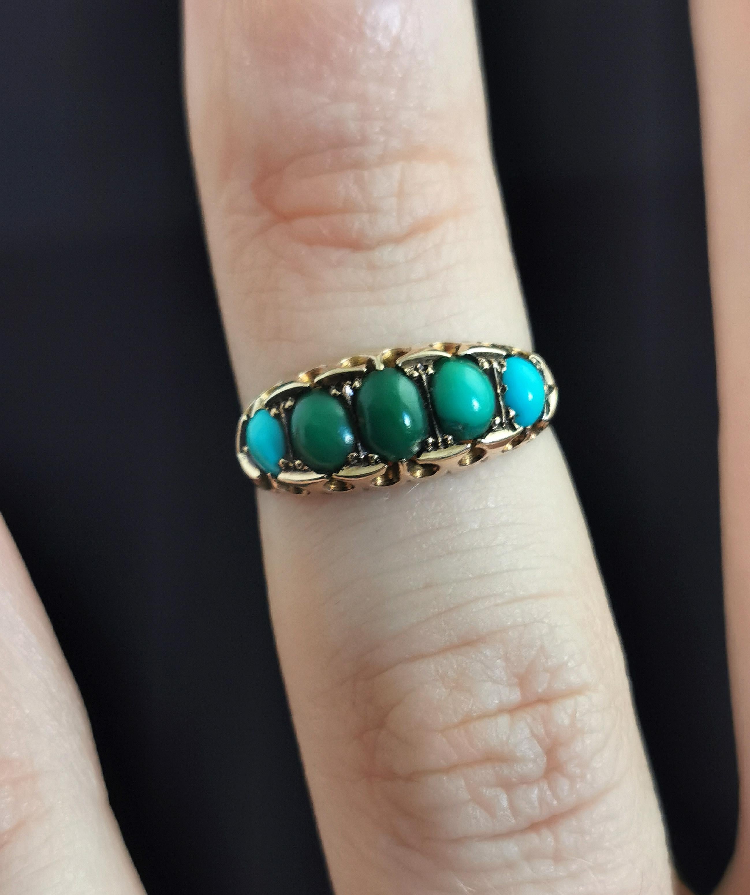 Antique Turquoise Five Stone Ring, 9k Rose Gold In Fair Condition For Sale In NEWARK, GB