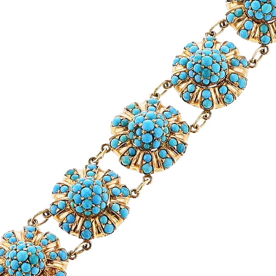 Cabochon Antique Turquoise Flower Bracelet, 14k For Sale