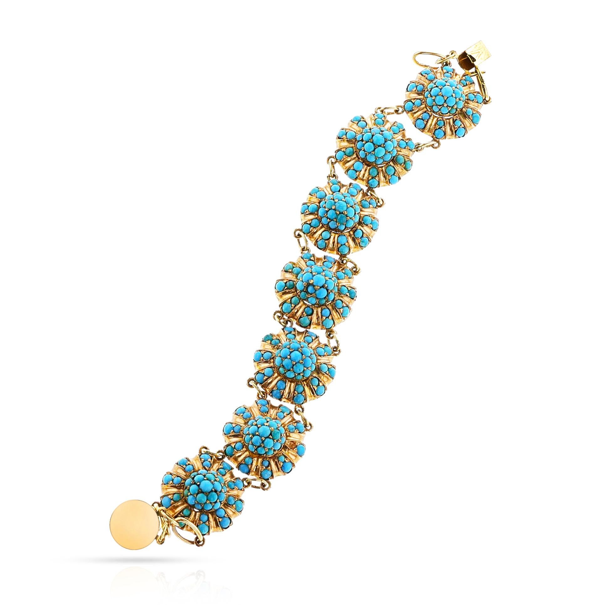 Women's or Men's Antique Turquoise Flower Bracelet, 14k For Sale