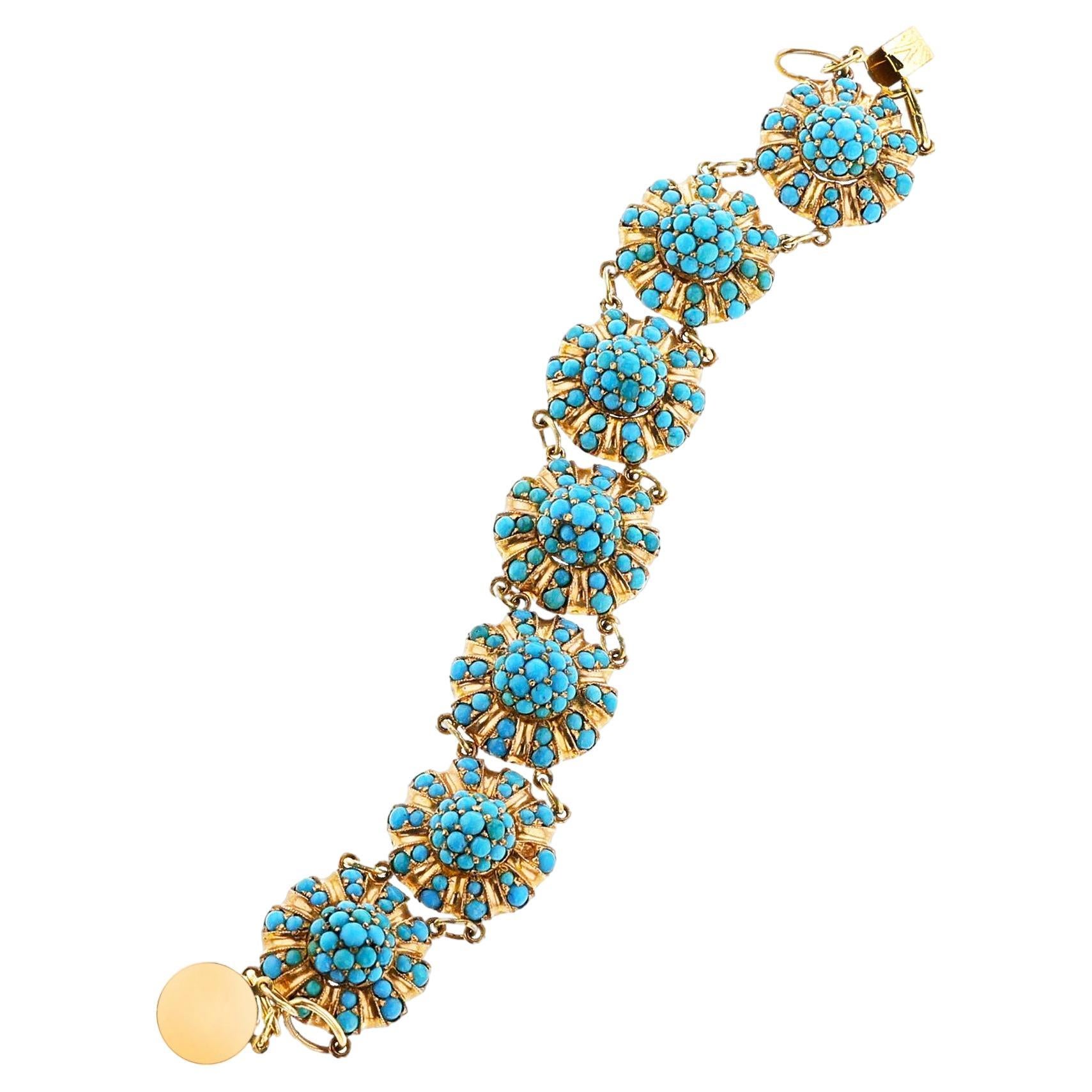 Antique Turquoise Flower Bracelet, 14k For Sale