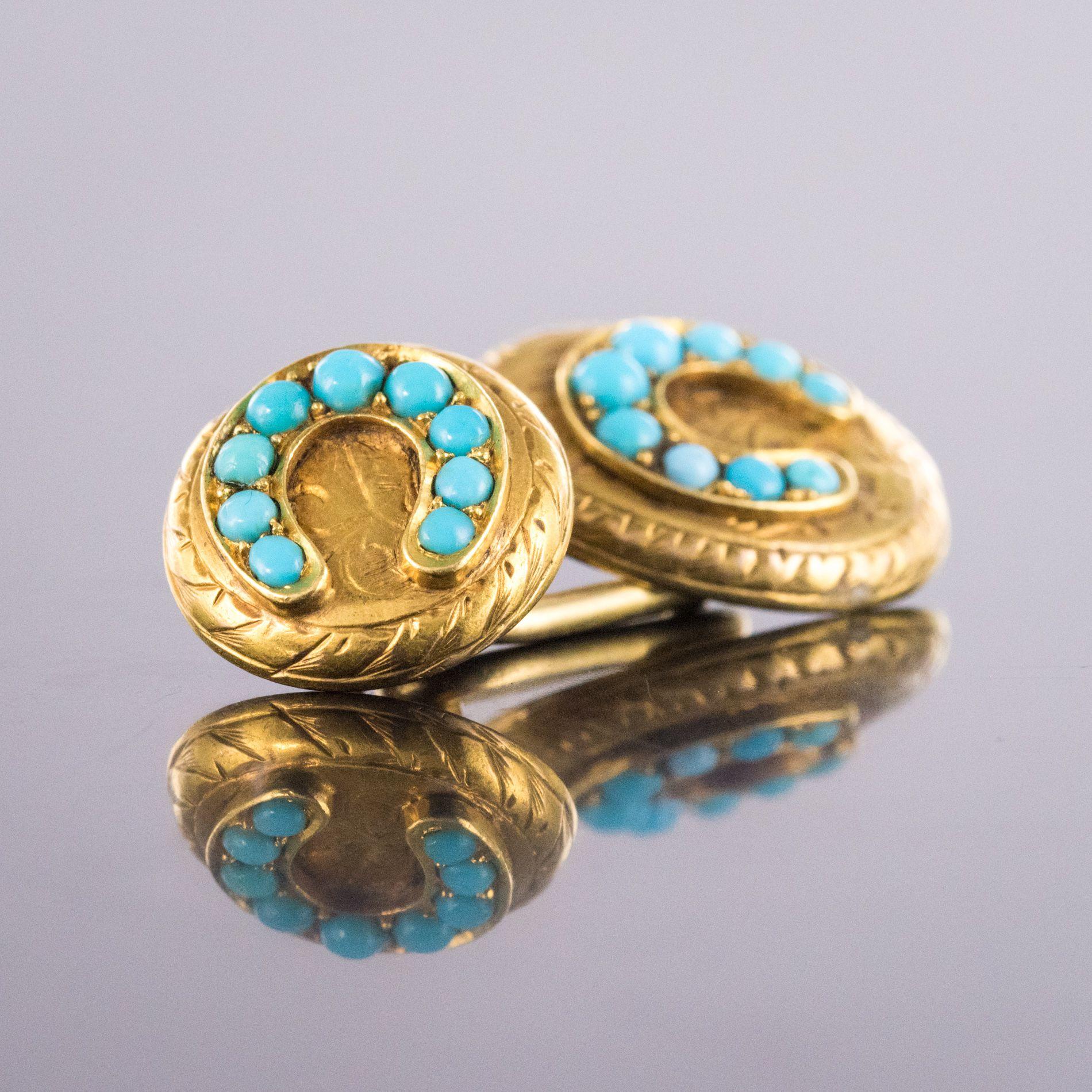Antique Turquoise Gold Cufflinks In Excellent Condition In Poitiers, FR