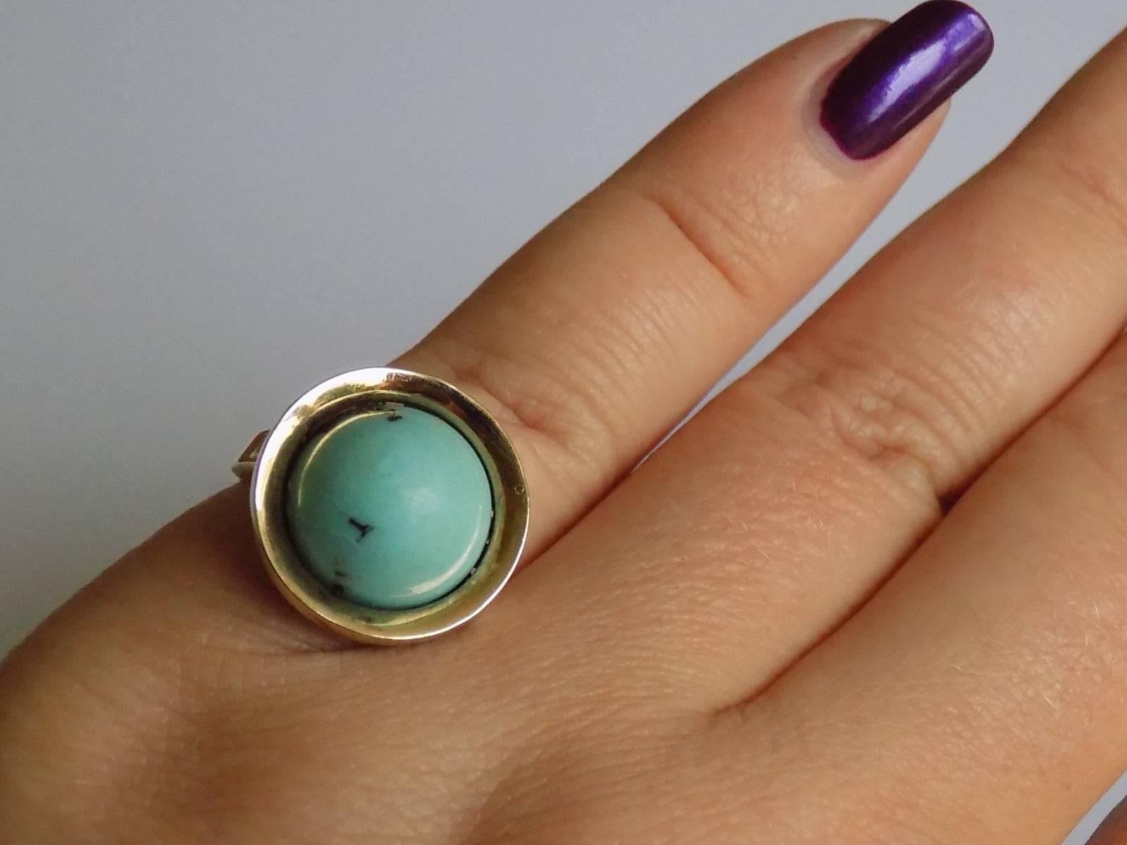 Art Deco Antique Turquoise Gold Dome Solitaire Ring For Sale