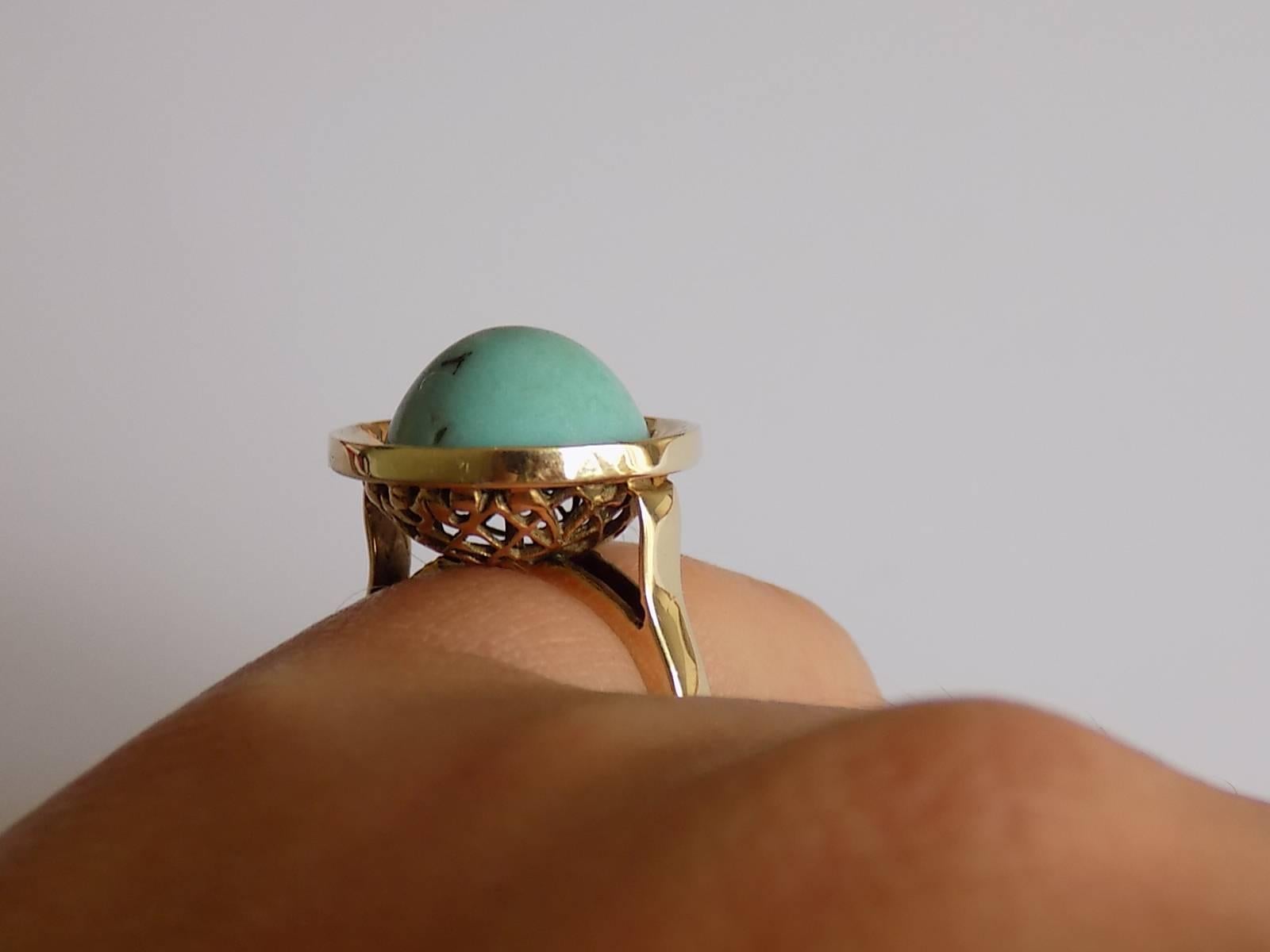 Cabochon Antique Turquoise Gold Dome Solitaire Ring For Sale