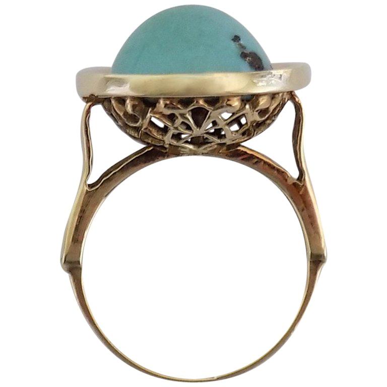 Antique Turquoise Gold Dome Solitaire Ring For Sale