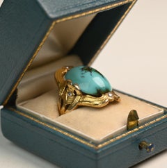 Antique Turquoise Gold Ring. Oval Cut Turquoise Diamond Ring 18k Yellow Gold