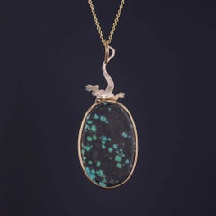 Antique Turquoise Lizard Pendant of Gold and Silver