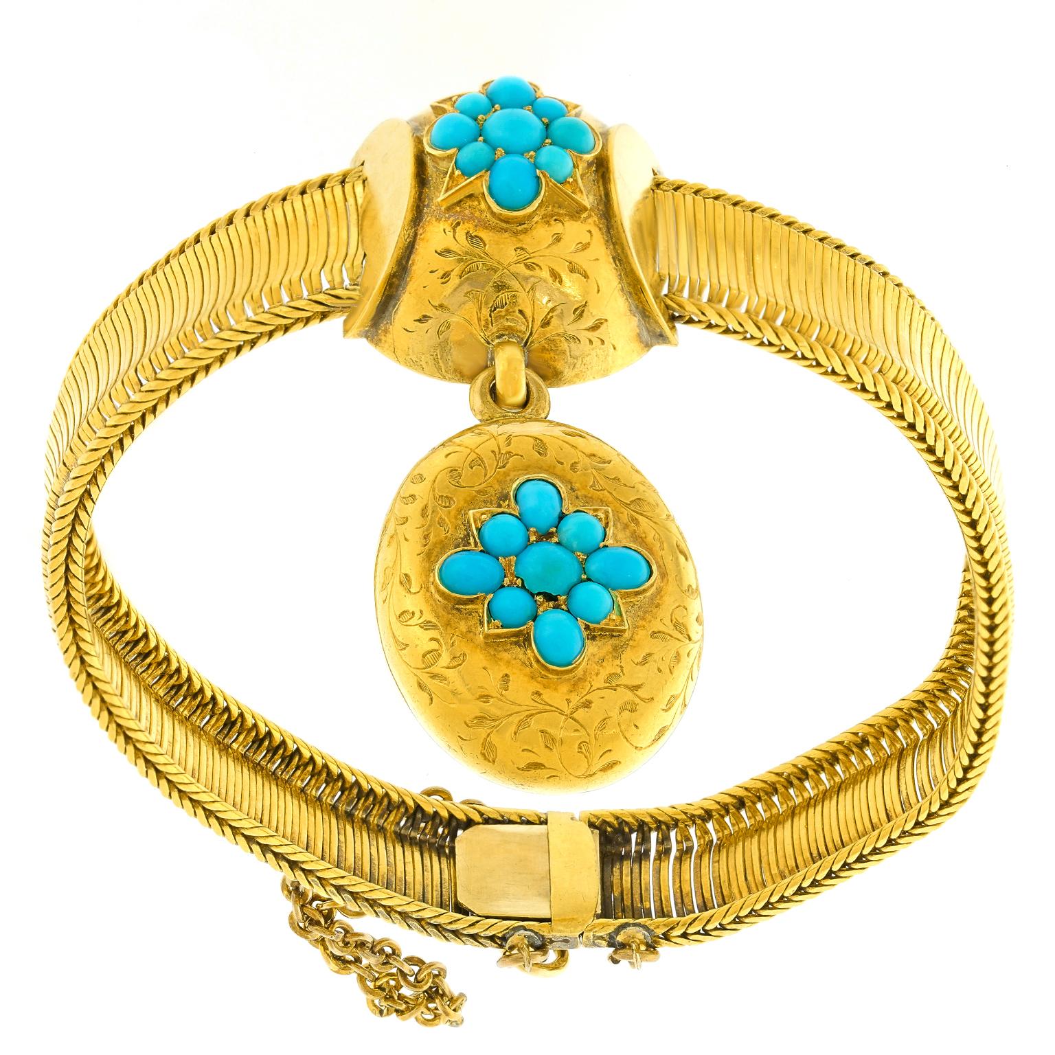 Taglio rotondo Bracciale antico con medaglione in turchese in vendita