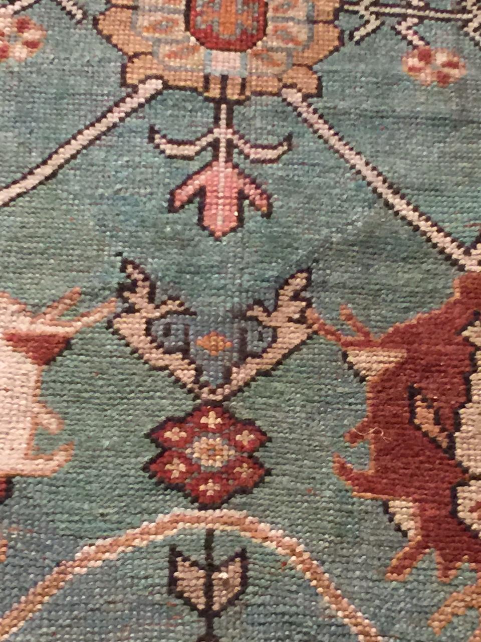 Antique Turquoise Oushak Rug  8'6 x 12'5. Oushak's are known for their soft palettes combined with eccentric drawing. Oushak in western Turkey has the longest continuous rug weaving history, stretching back at least to the mid-fifteenth century. It