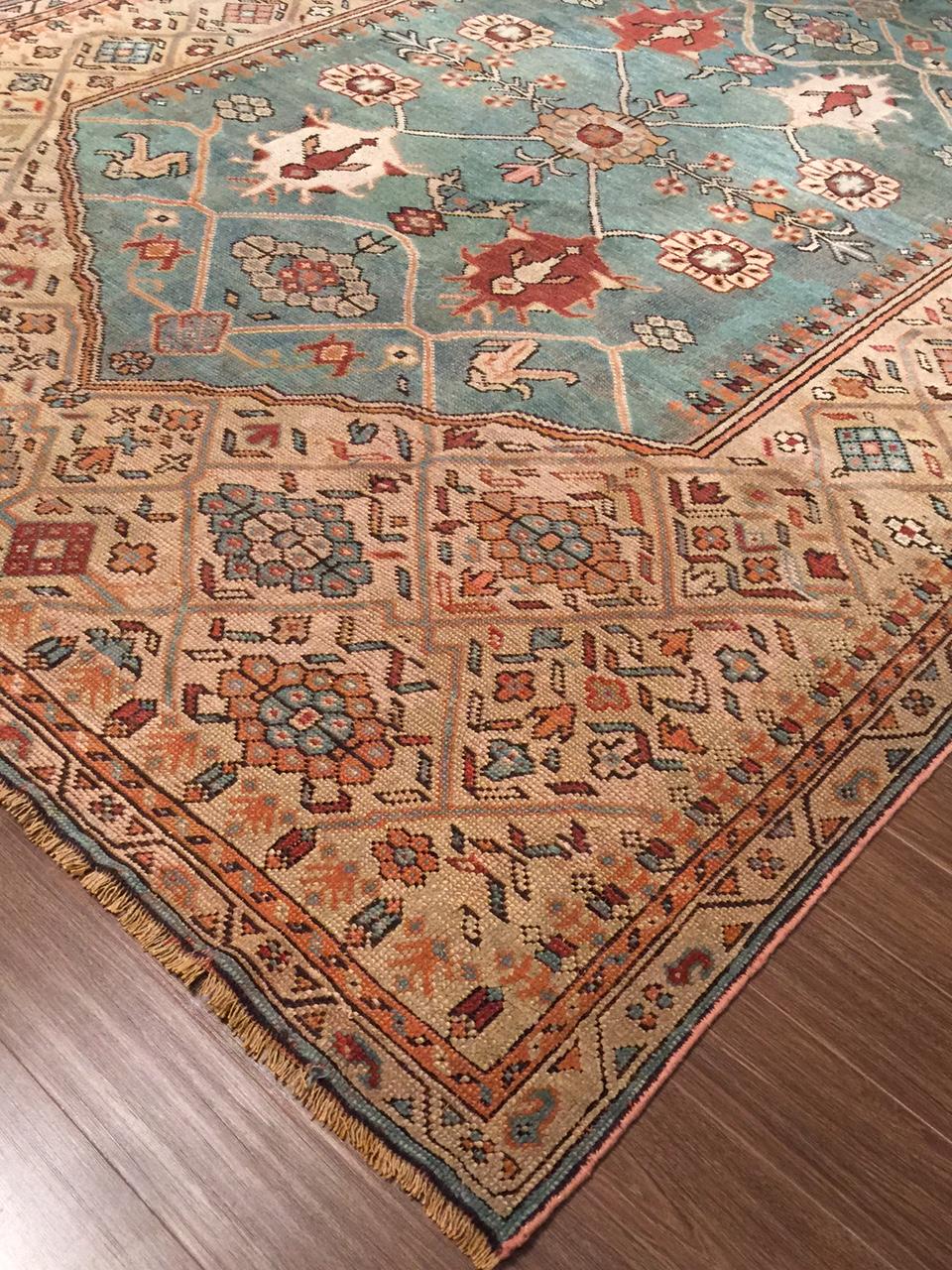 19th Century Antique Turquoise Oushak Rug  8'6 x 12'5 For Sale