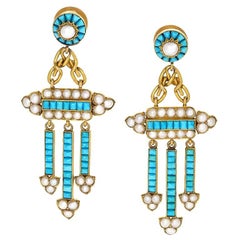 Antique Turquoise Pearl and Gold Girandole Ear Pendants