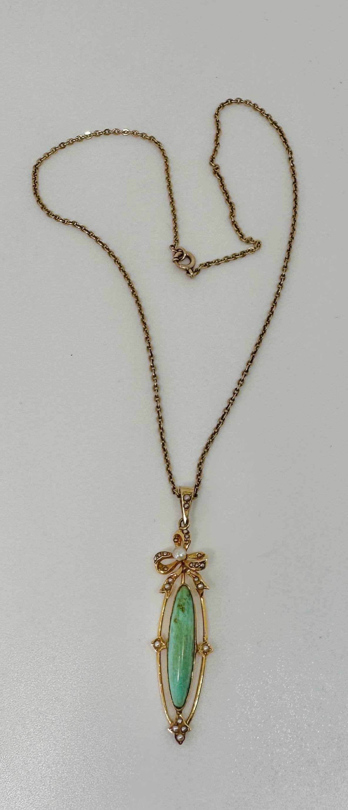 Women's Antique Turquoise Pearl Necklace Bow Motif Victorian 14 Karat Gold Pendant For Sale