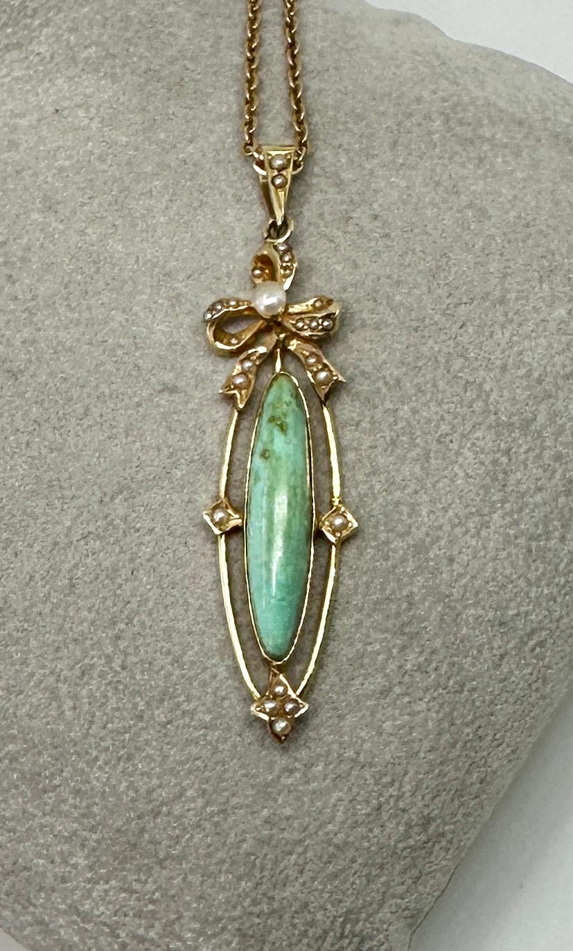 Antique Turquoise Pearl Necklace Bow Motif Victorian 14 Karat Gold Pendant For Sale 2