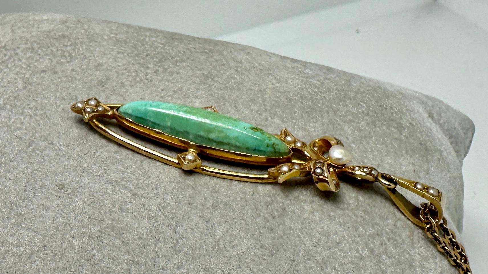 Antique Turquoise Pearl Necklace Bow Motif Victorian 14 Karat Gold Pendant For Sale 3