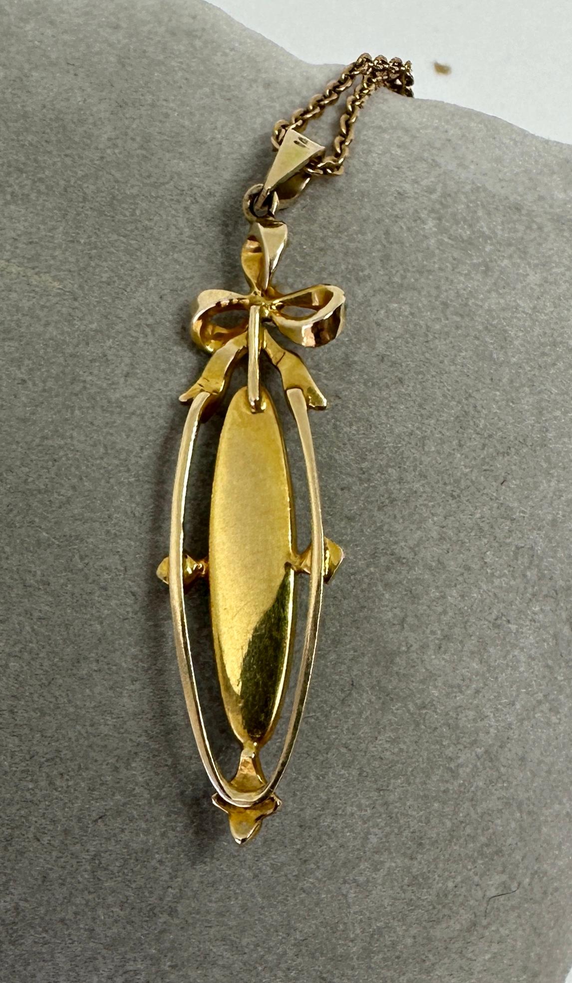 Antique Turquoise Pearl Necklace Bow Motif Victorian 14 Karat Gold Pendant For Sale 4