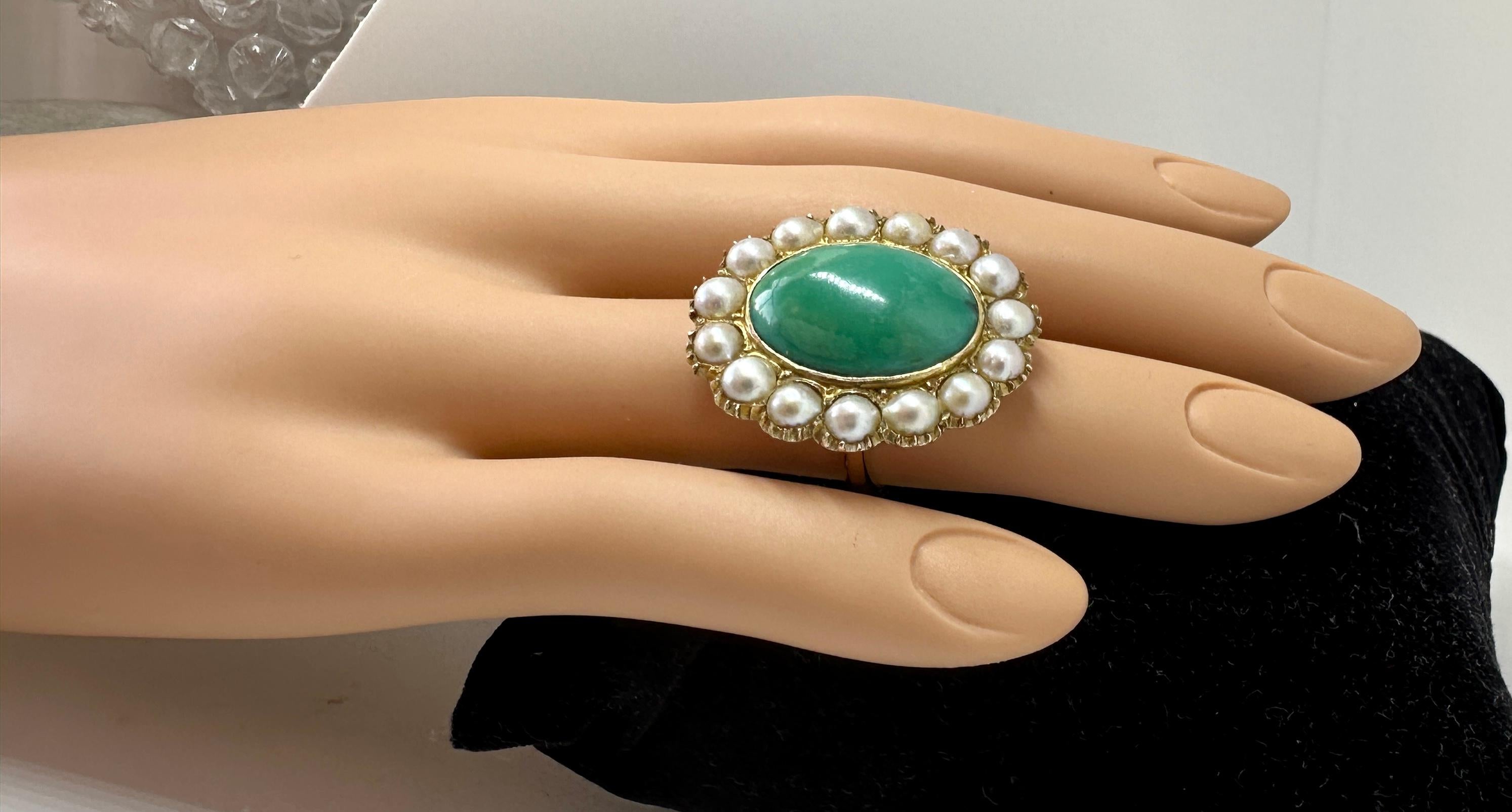 Antique Turquoise Pearl Ring Victorian Cocktail Ring 14 Karat Gold For Sale 4