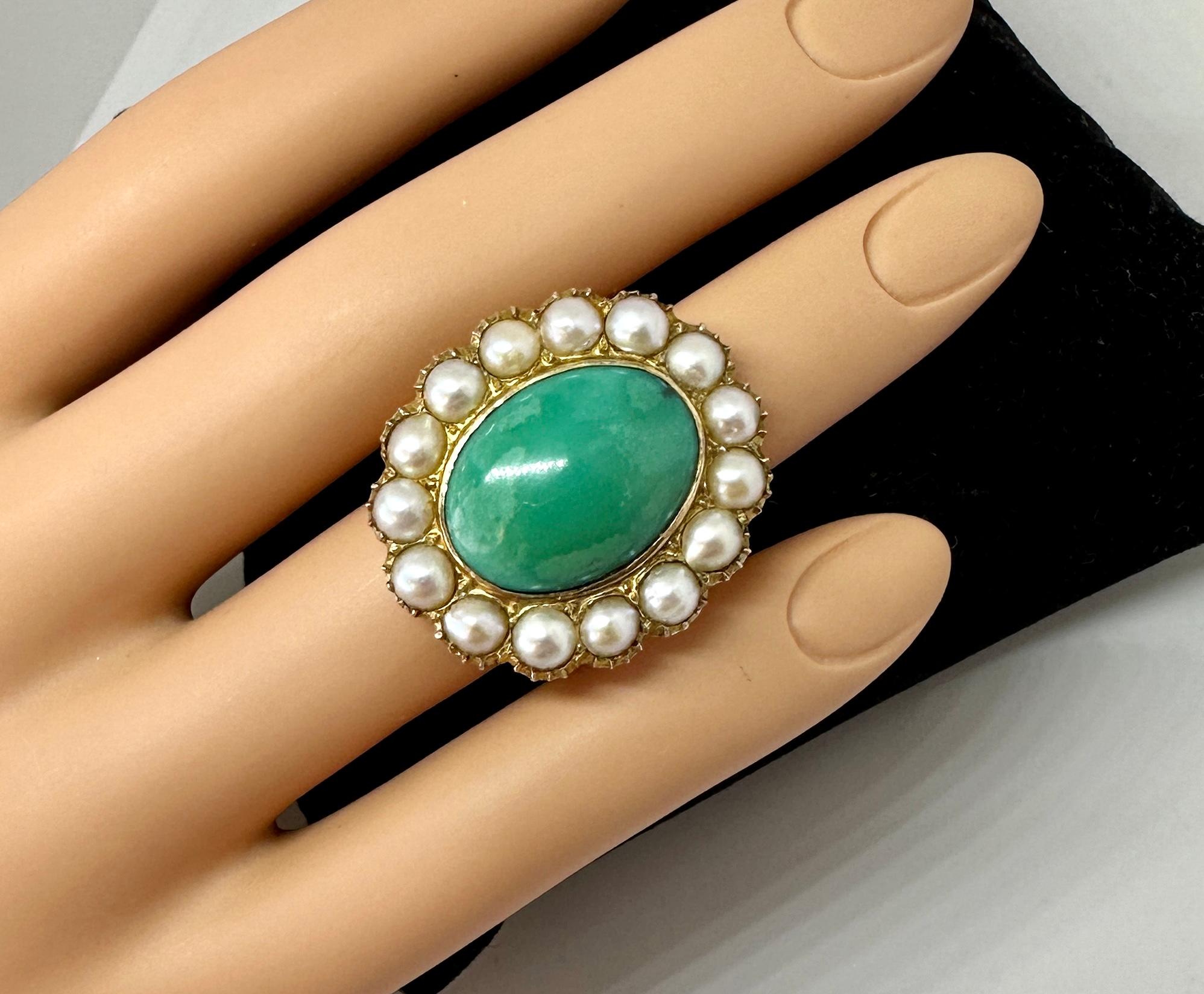 Cabochon Antique Turquoise Pearl Ring Victorian Cocktail Ring 14 Karat Gold For Sale