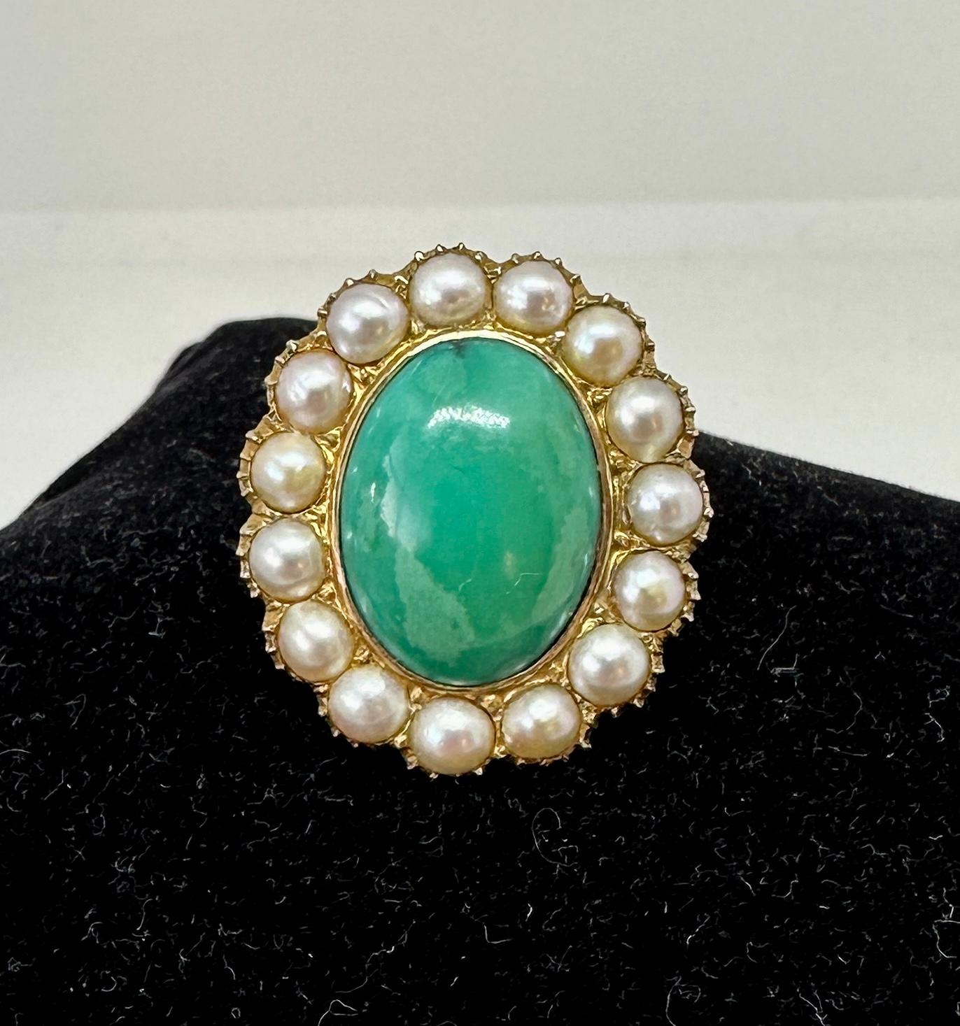 Antique Turquoise Pearl Ring Victorian Cocktail Ring 14 Karat Gold In Excellent Condition For Sale In New York, NY