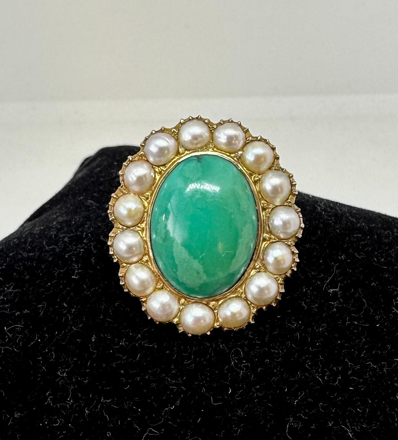 Women's Antique Turquoise Pearl Ring Victorian Cocktail Ring 14 Karat Gold For Sale