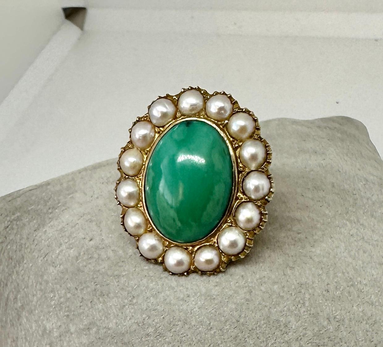 Antique Turquoise Pearl Ring Victorian Cocktail Ring 14 Karat Gold For Sale 1