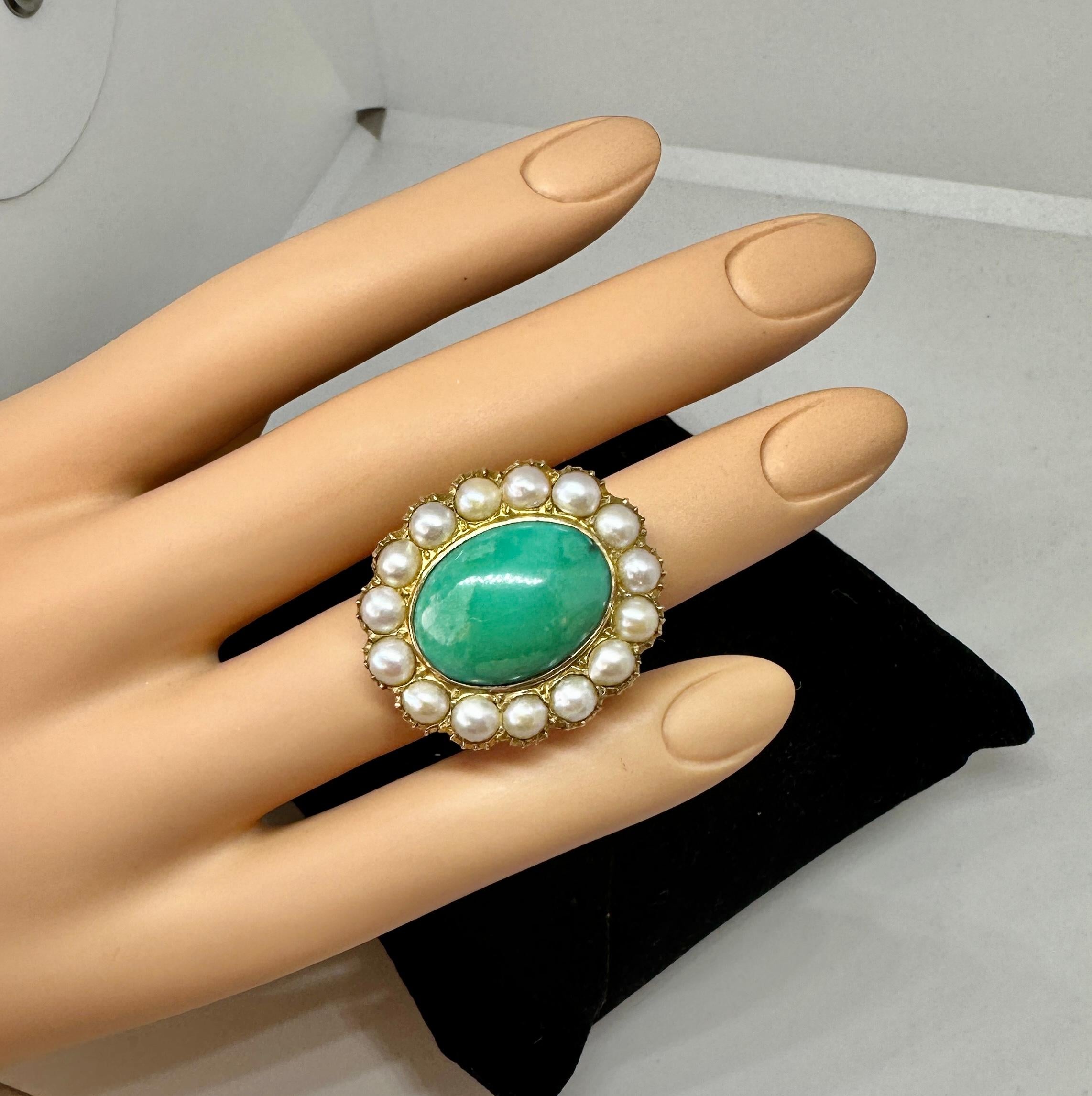 Antique Turquoise Pearl Ring Victorian Cocktail Ring 14 Karat Gold For Sale 2