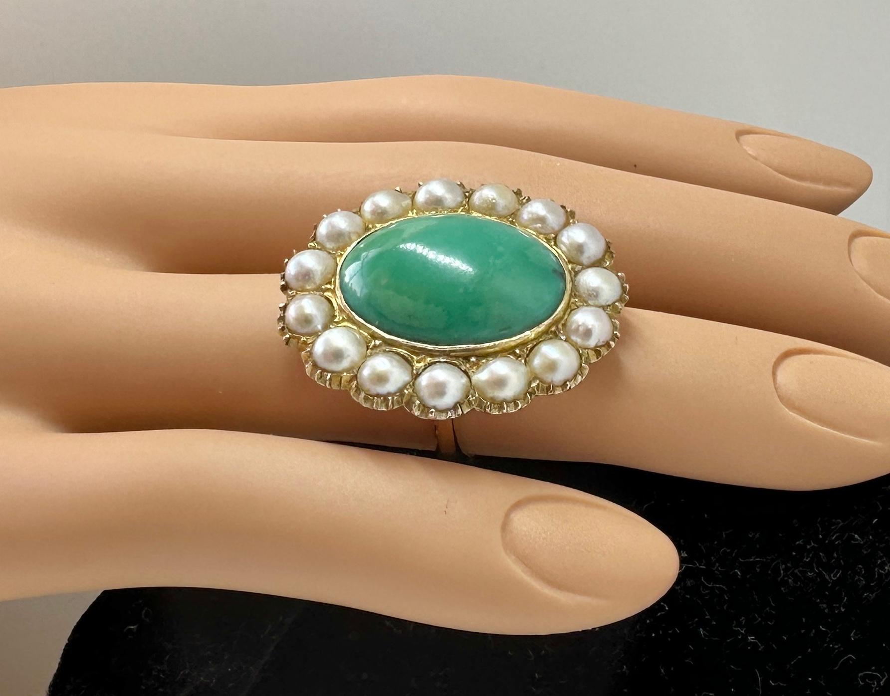 Antique Turquoise Pearl Ring Victorian Cocktail Ring 14 Karat Gold For Sale 3