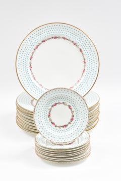 Antique Turquoise & Pink Rose Partial Dinner Set Dinner Plates & Bread Plates