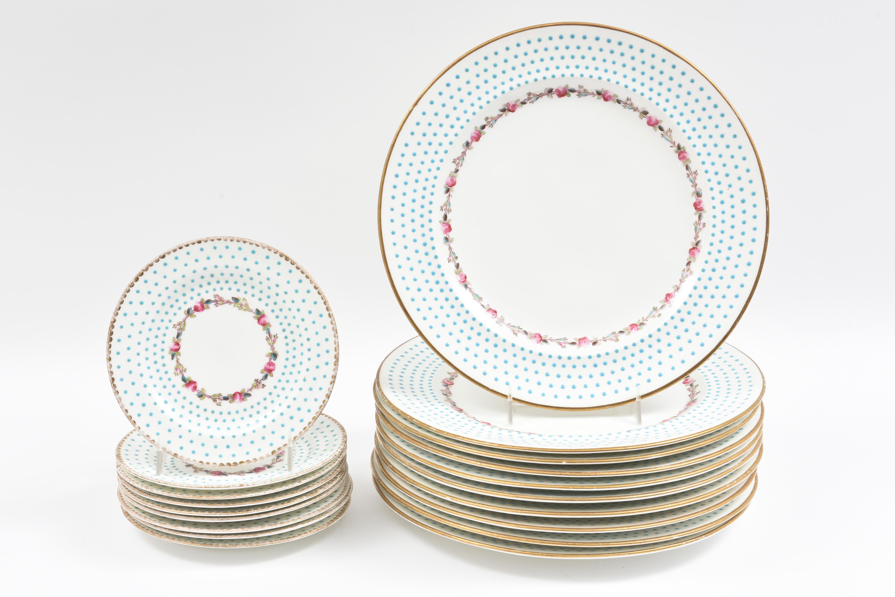 British Antique Turquoise & Pink Rose Partial Dinner Set Dinner Plates & Bread Plates