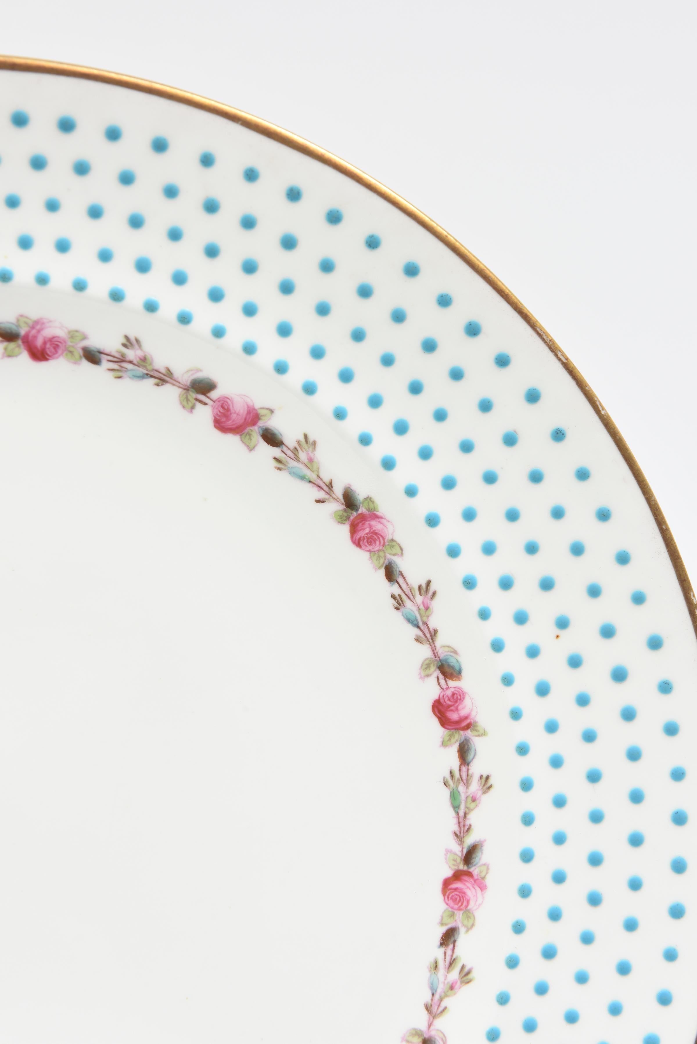 Hand-Crafted Antique Turquoise & Pink Rose Partial Dinner Set Dinner Plates & Bread Plates