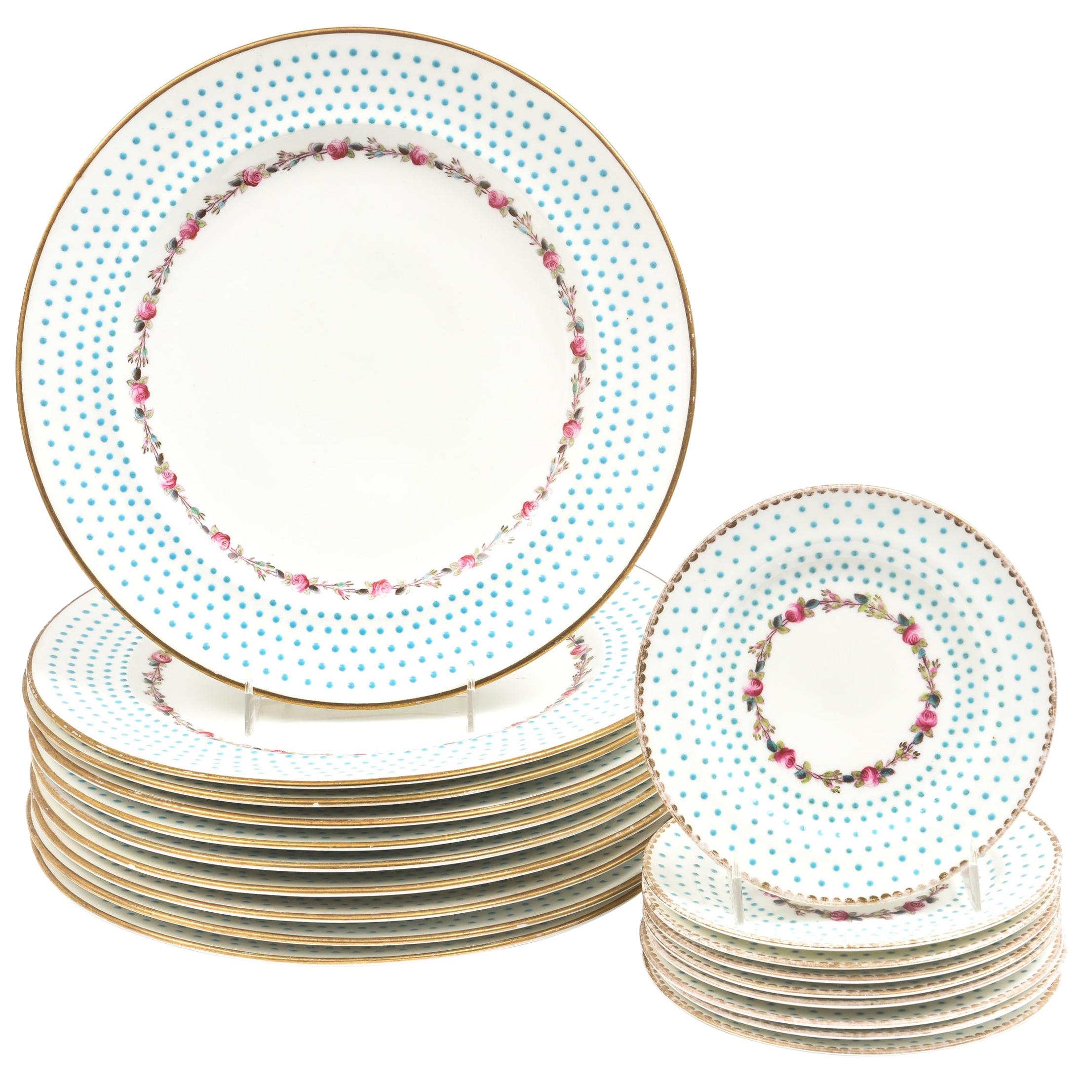 Antique Turquoise & Pink Rose Partial Dinner Set Dinner Plates & Bread Plates