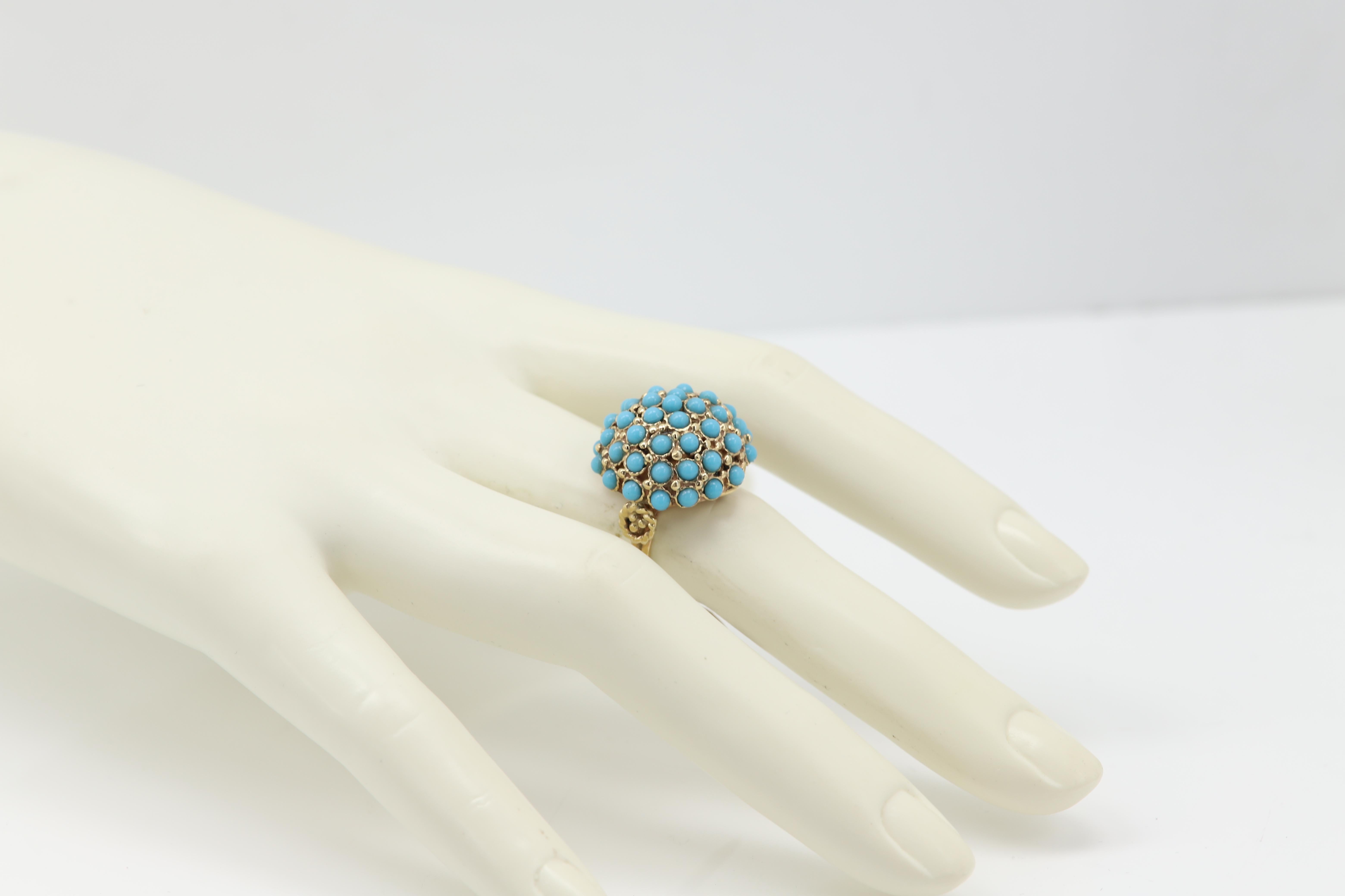 Antique Turquoise Ring 14 Karat Yellow Gold Cluster Design Persian Turquoise For Sale 2