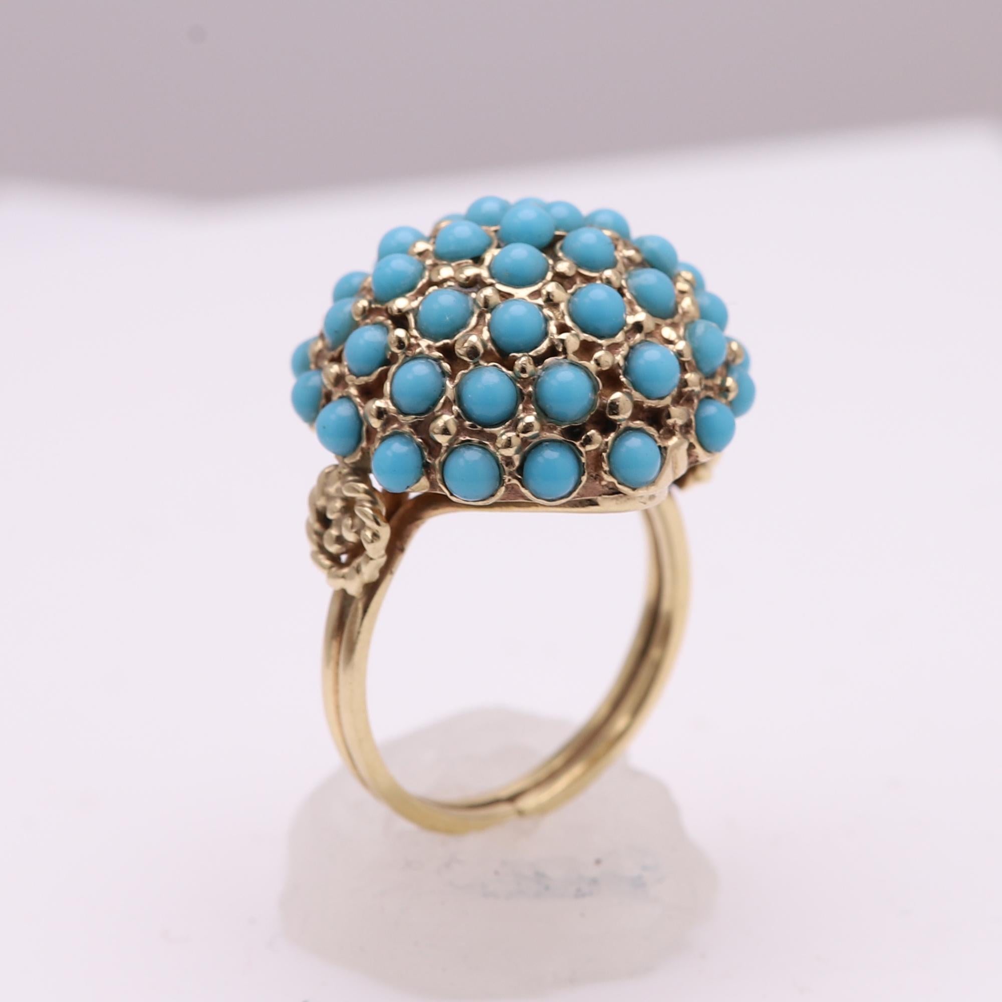 Circa 1940-1950 Turquoise Ring
pre-own in great condition 
unique cluster dome shape
with small round Persian Turquoise.
14k Yellow Gold  8.7 grams
Finger Size 7
Overall design size approx 20  in diameter.