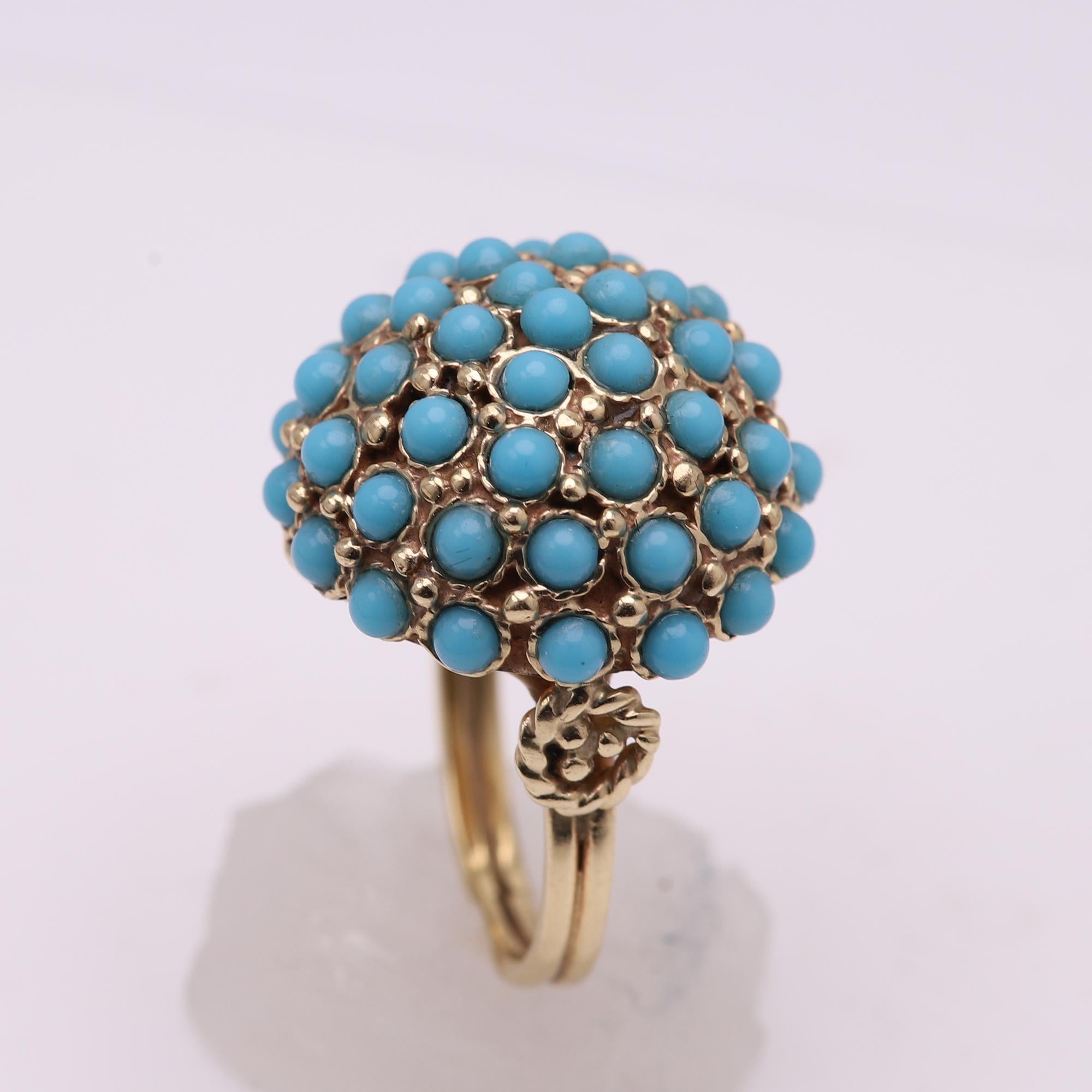 Women's Antique Turquoise Ring 14 Karat Yellow Gold Cluster Design Persian Turquoise For Sale
