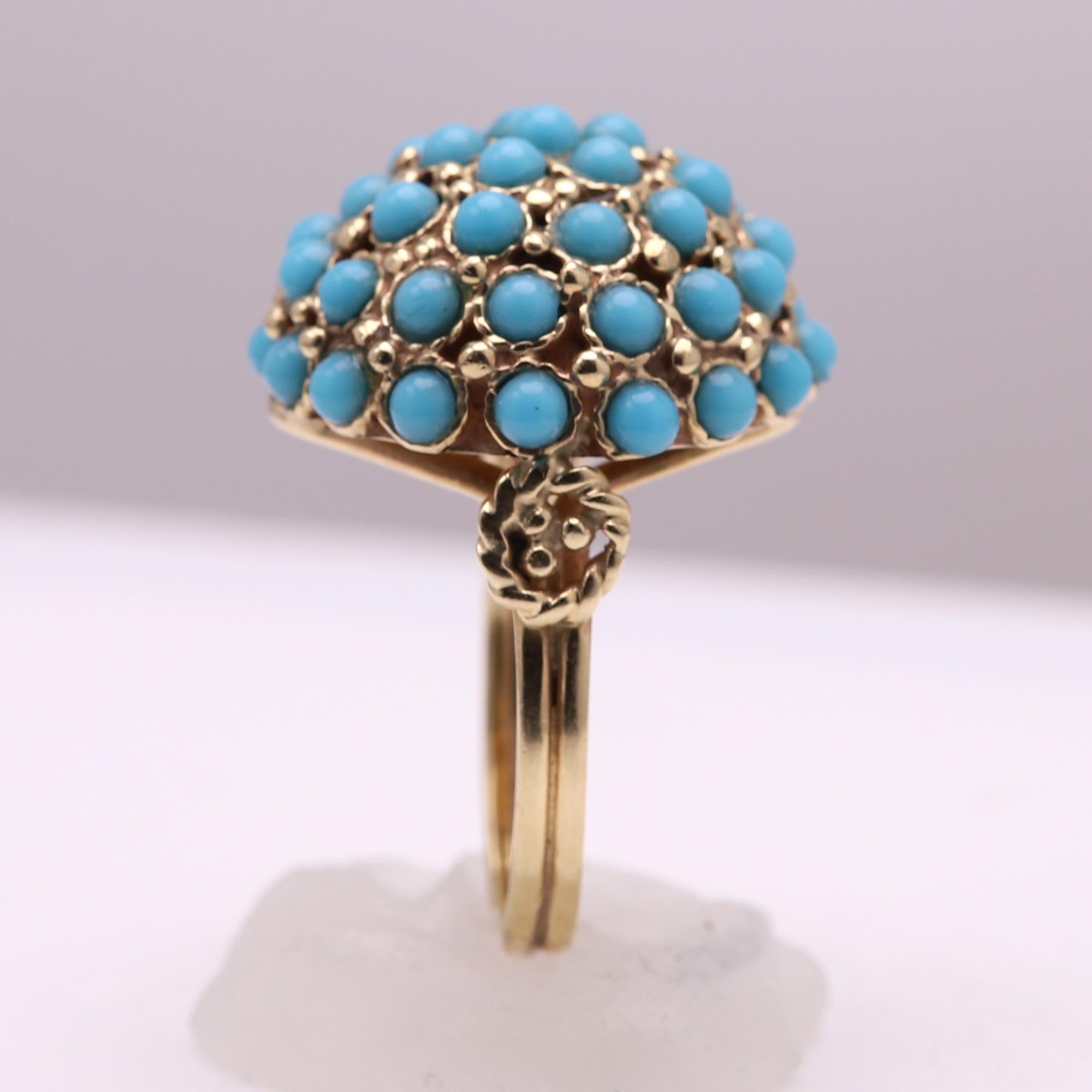 Round Cut Antique Turquoise Ring 14 Karat Yellow Gold Cluster Design Persian Turquoise For Sale